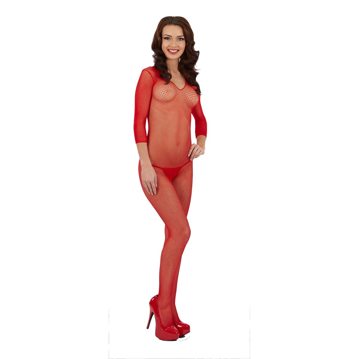 Classified Long Sleeved Fishnet Body Stocking and String - Red Classified