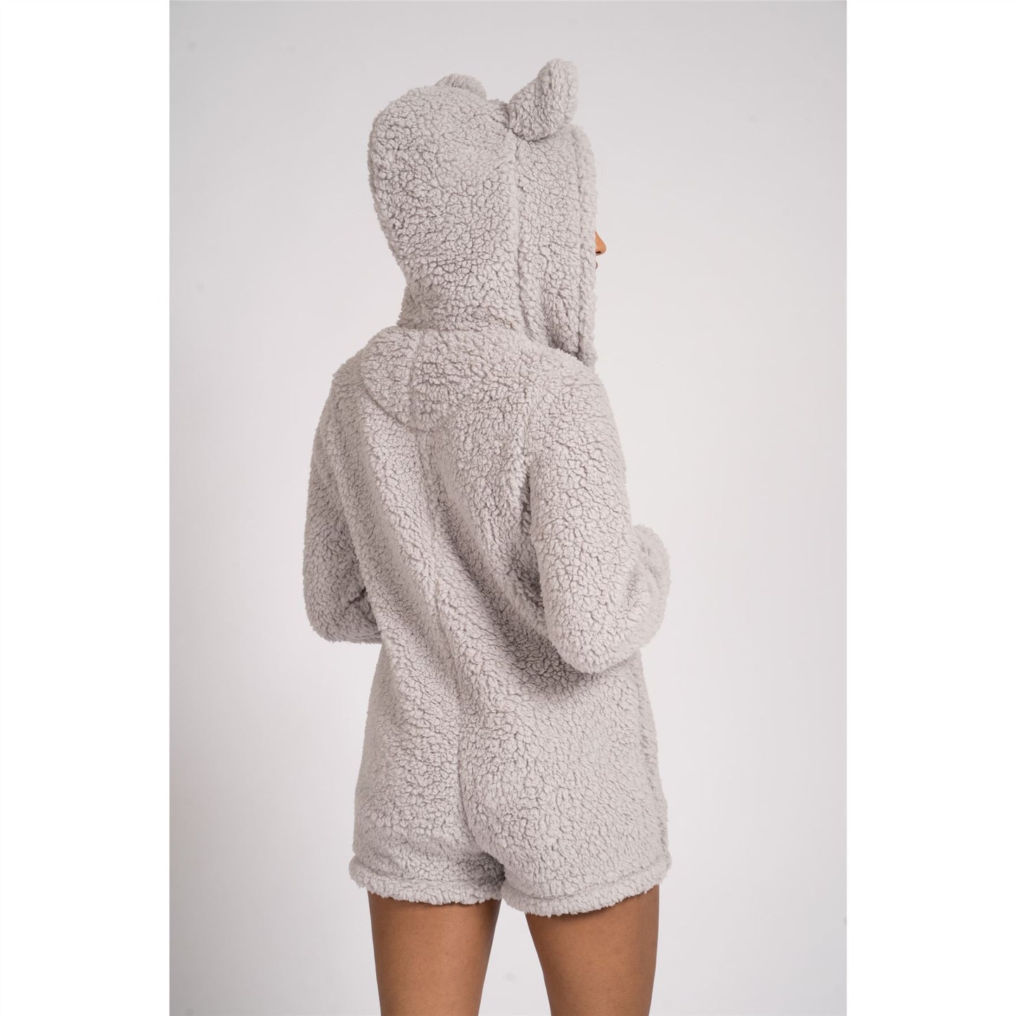 Loungeable Womens Teddy Sherpa Fleece Romper Onesie - Silver