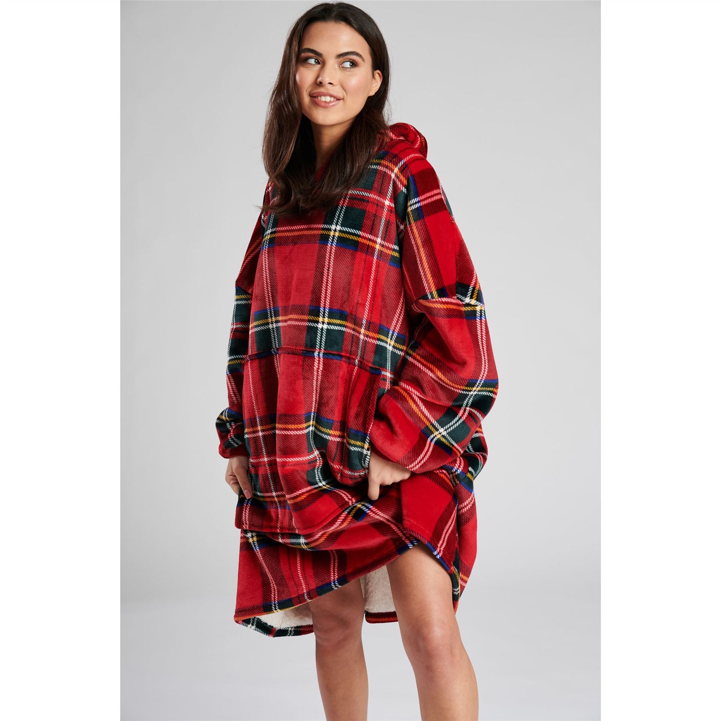 Loungeable Womens Tartan Sherpa Lined Fleece Poncho - Red Check