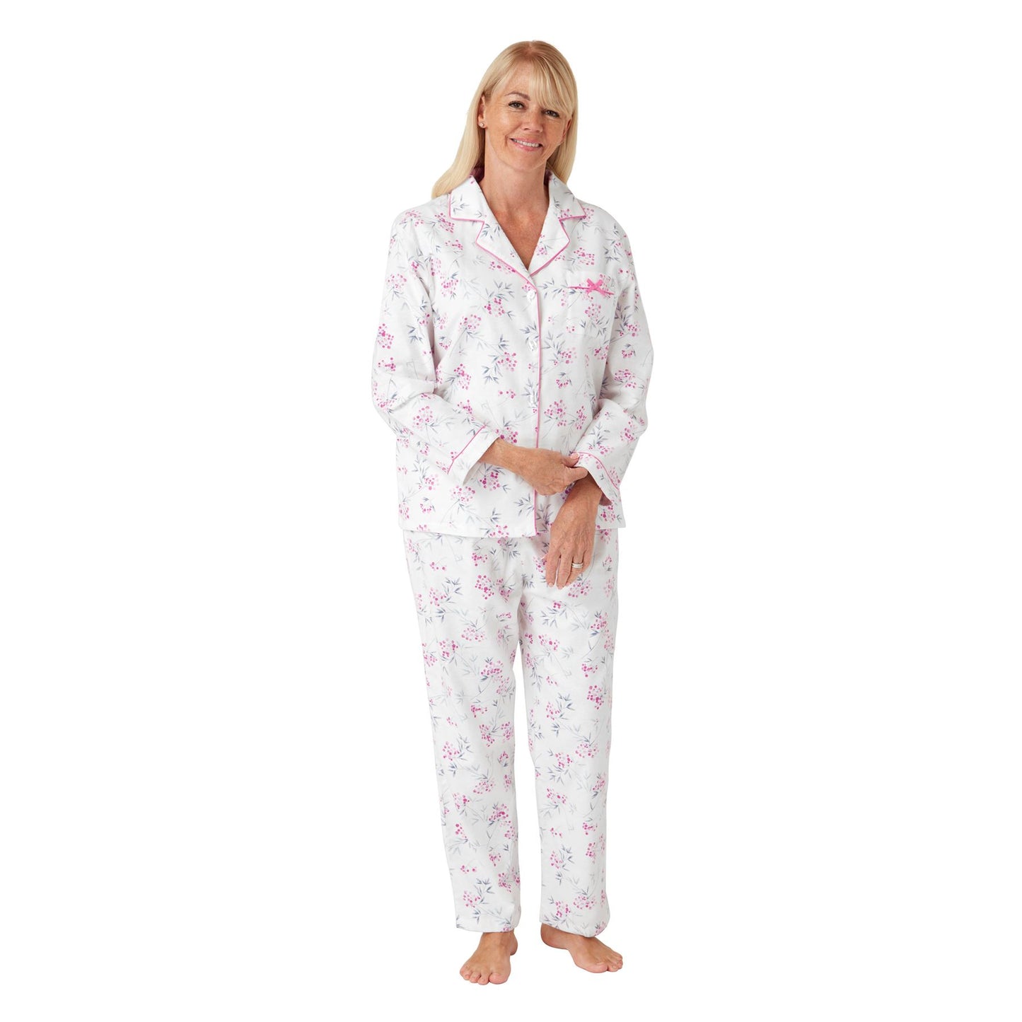 Marlon Womens Floral Brushed Cotton Pyjama Set - Fushia