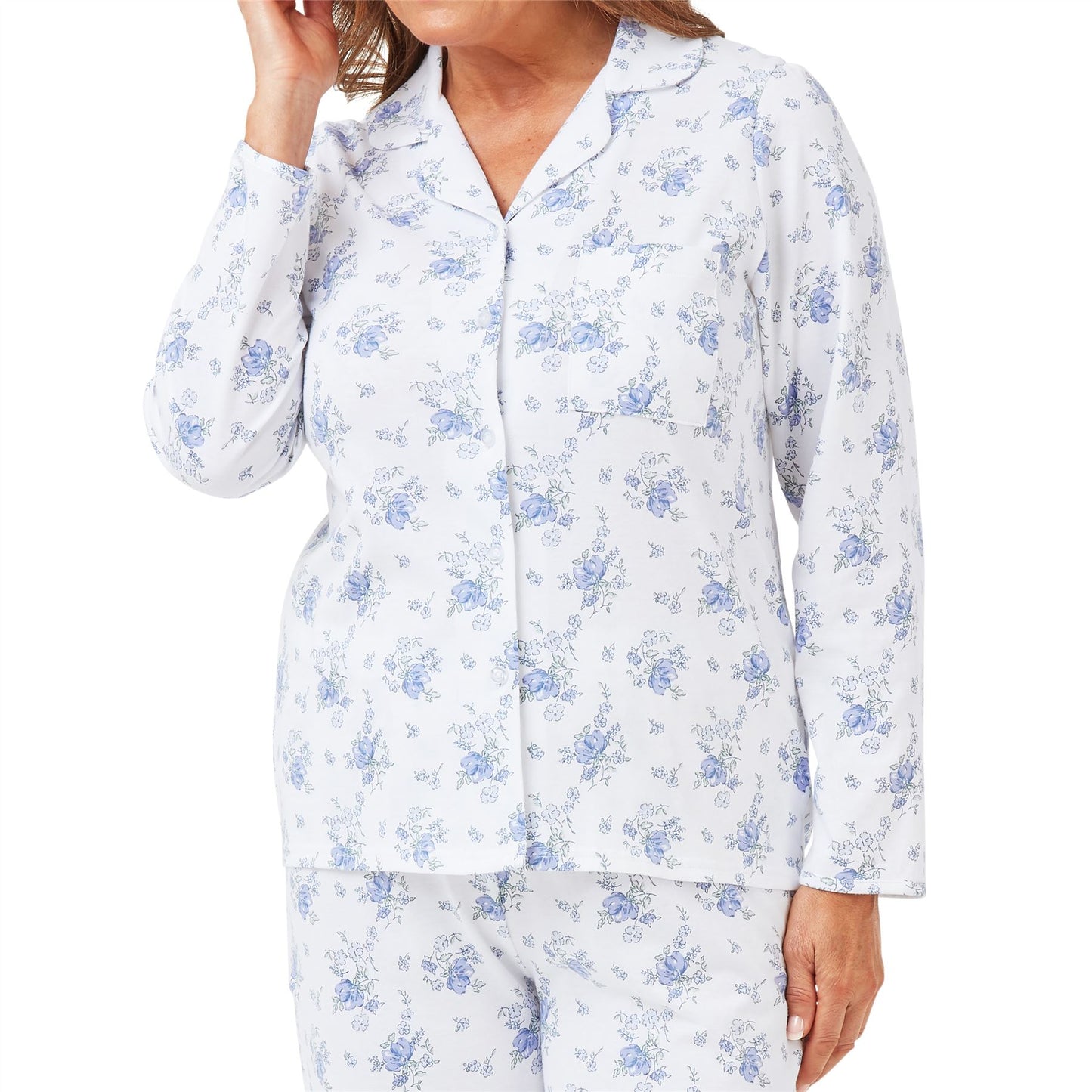 Marlon Womens Floral Revere Collar Brushed Cotton Pyjamas - Blue
