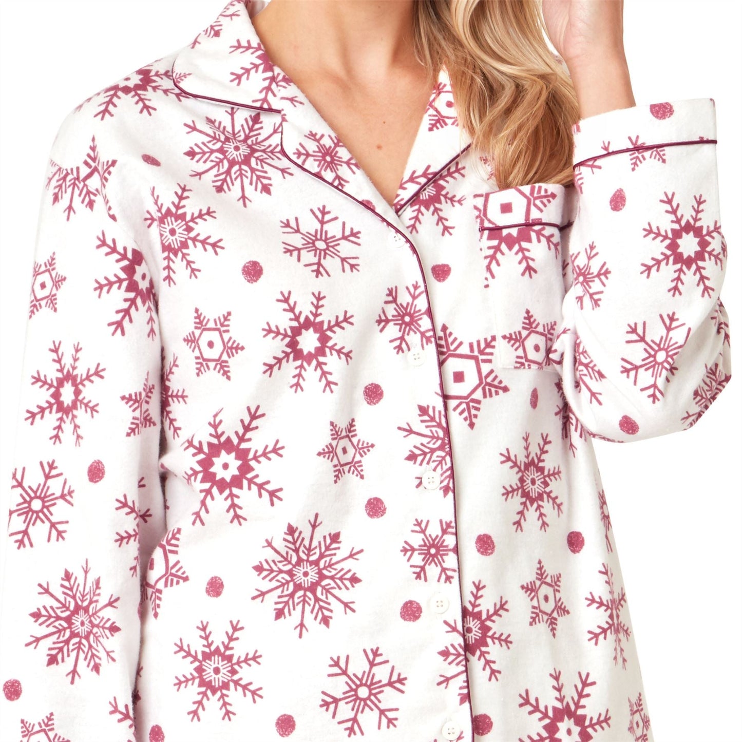 Indigo Sky Womens Snowflake Brushed Cotton Pyjama Set - Rose Wine Indigo Sky