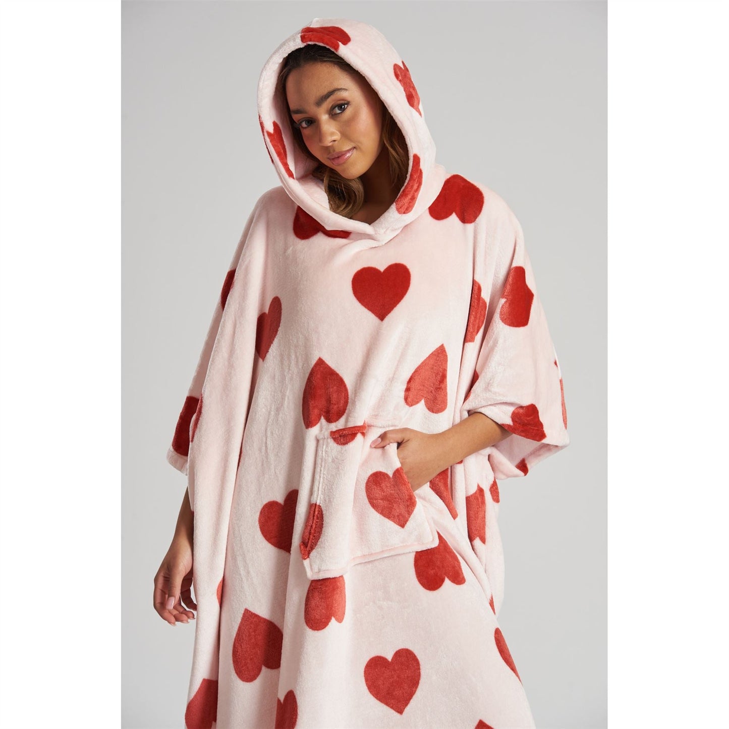 Loungeable Womens Heart Long Luxury Fleece Hooded Poncho - Pink Loungeable