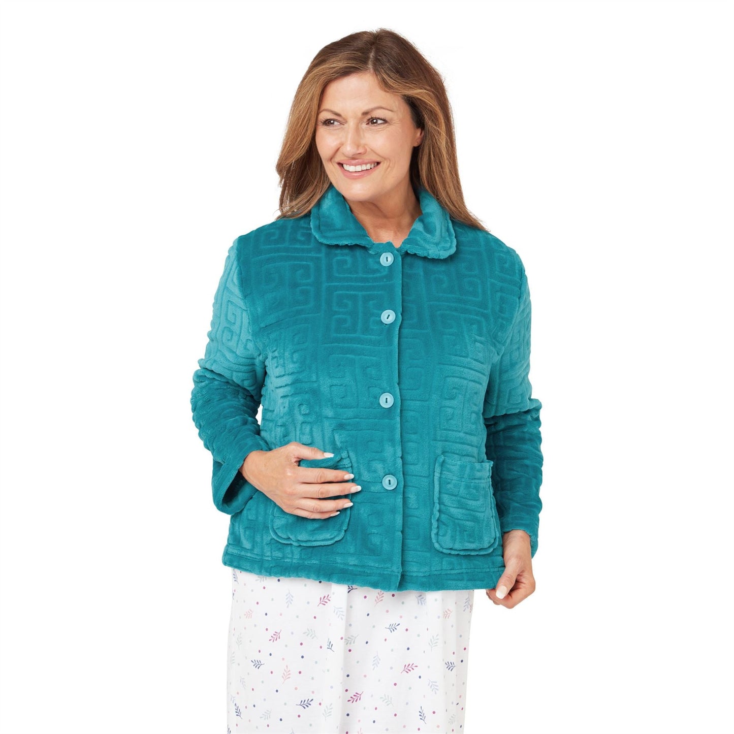 Marlon Womens Geometric Embossed Bedjacket - Teal Marlon