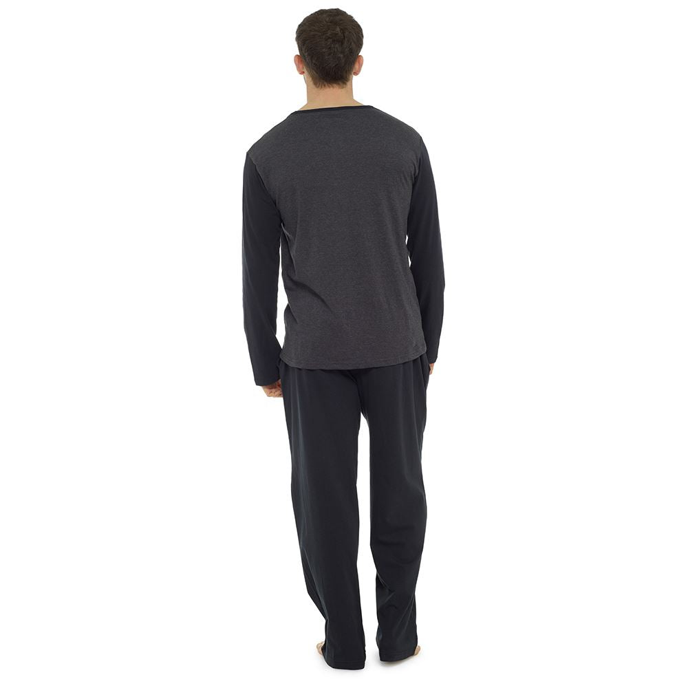 Tom Franks Mens Contrast Long Sleeve Jersey Pyjamas - Black/Grey
