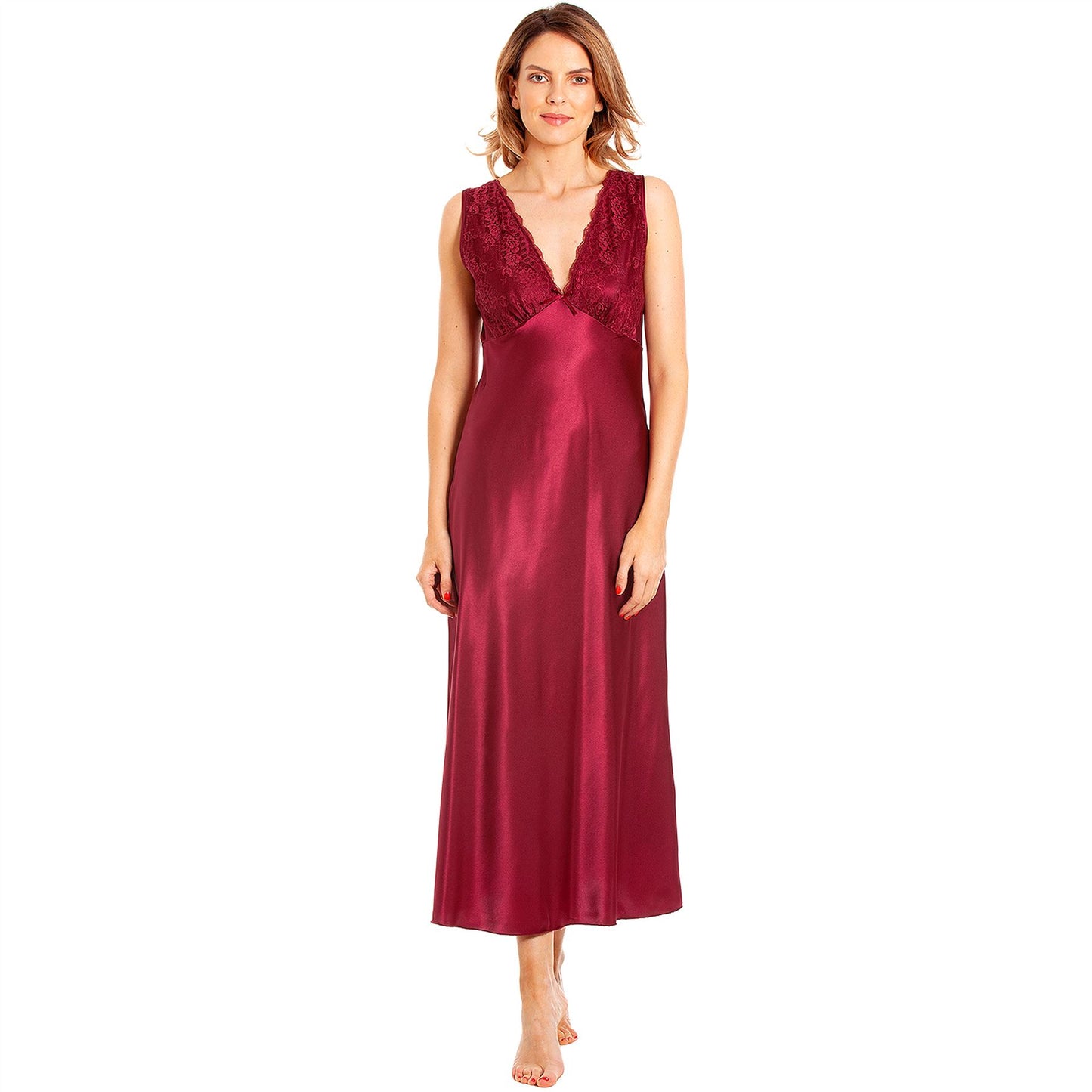 Lady Olga Long Satin Nightdress - Claret