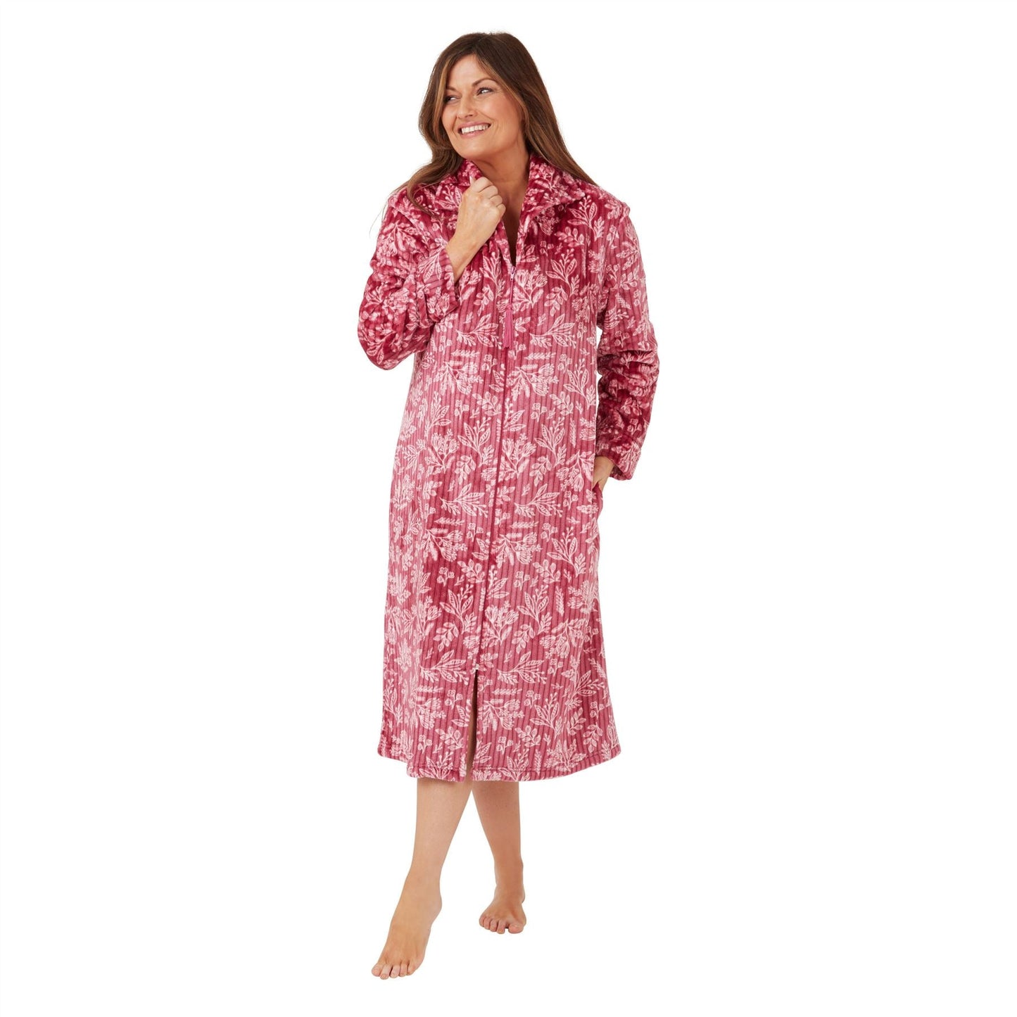 Marlon Womens Floral Ribbed Fleece Zipped Robe - Dusky Pink Marlon