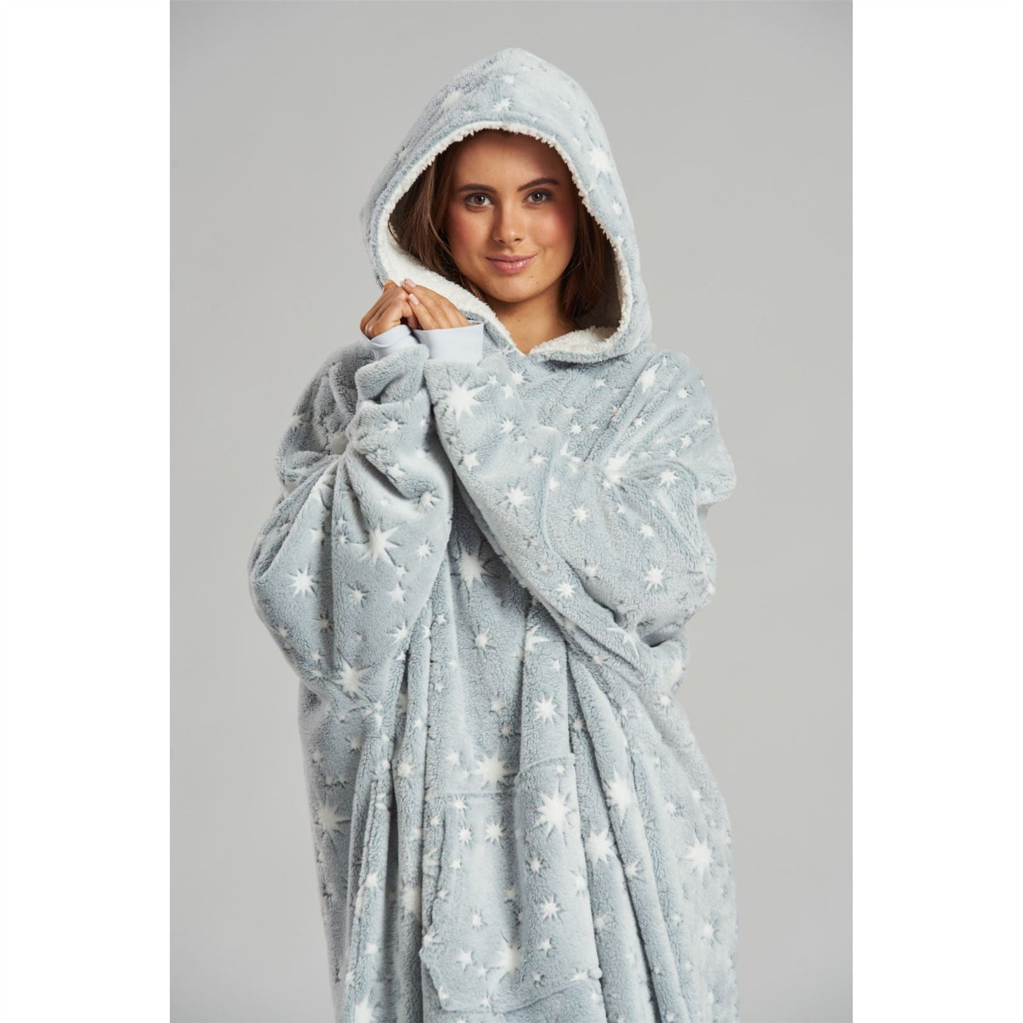 Loungeable Womens Sparkle Star Luxury Fleece Snuggle Hoodie - Grey Loungeable