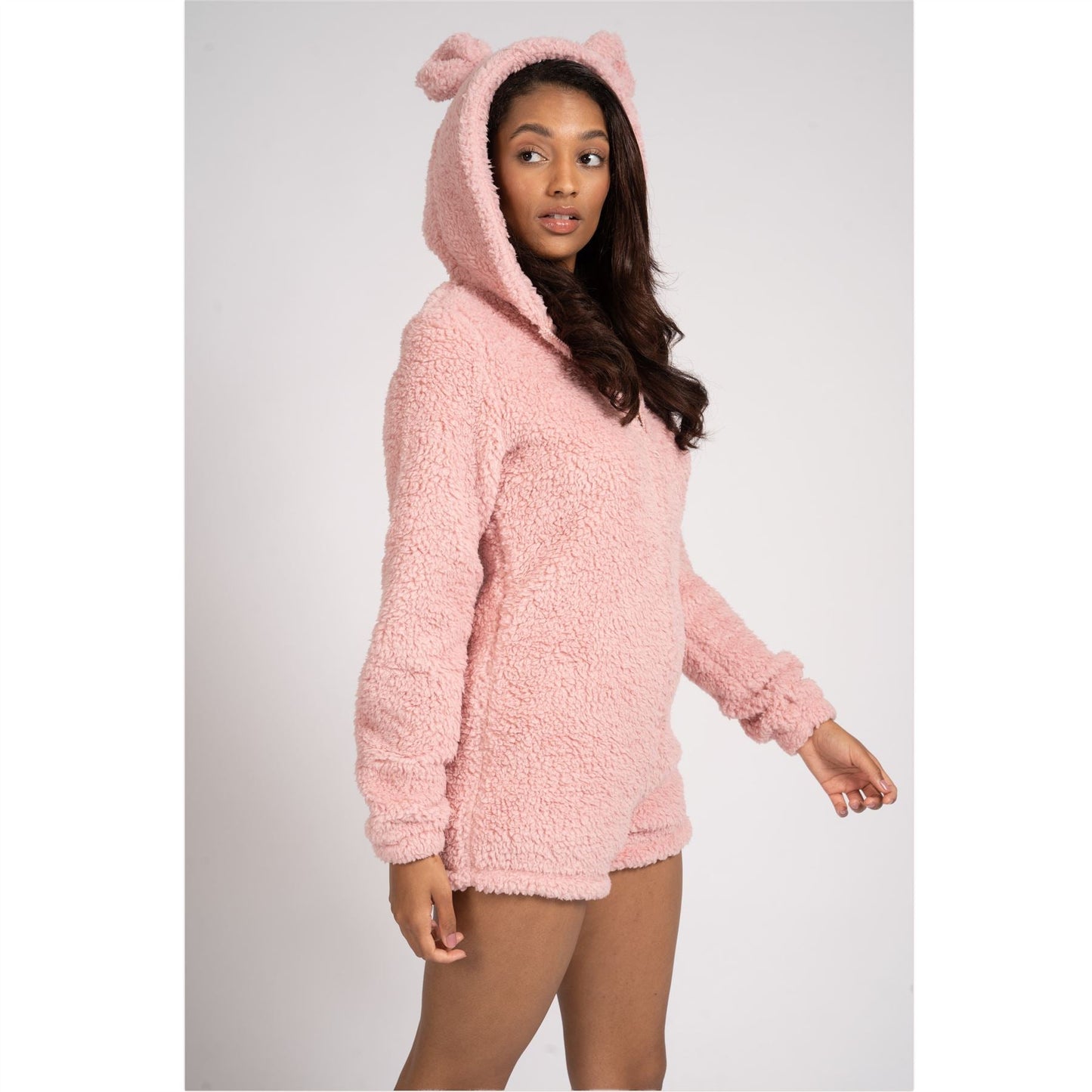 Loungeable Womens Teddy Sherpa Fleece Romper Onesie - Pink Loungeable
