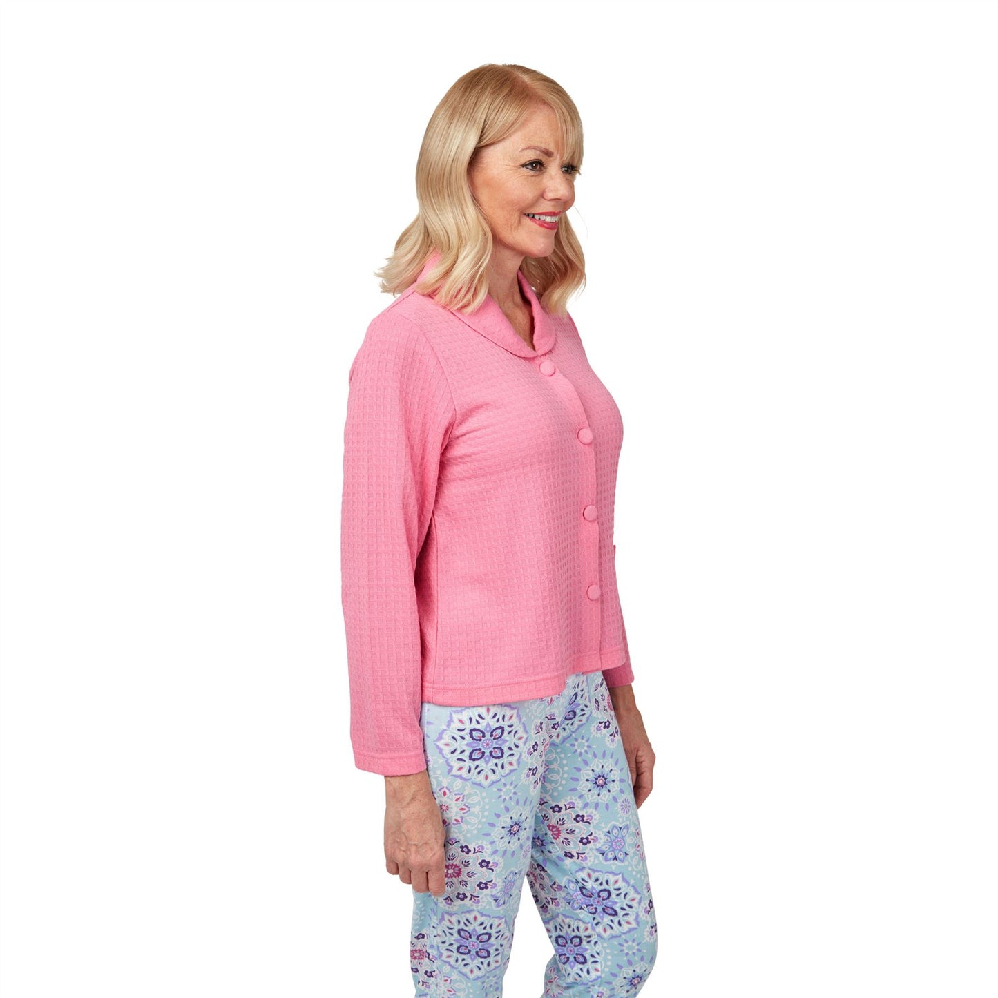 Marlon Button Through Waffle Bedjacket - Pink Marlon