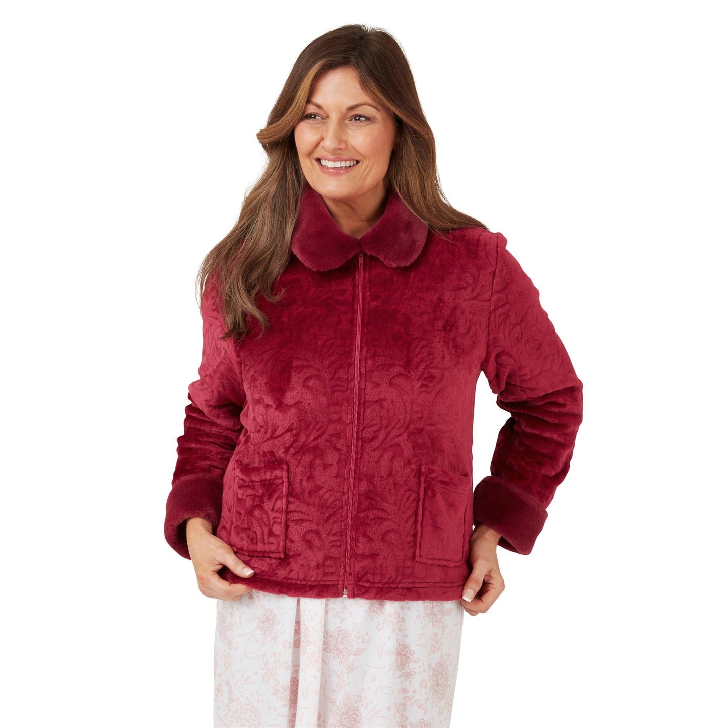 Marlon Womens Swirl Fleece Bedjacket with Faux Fur Collar - Plum Marlon