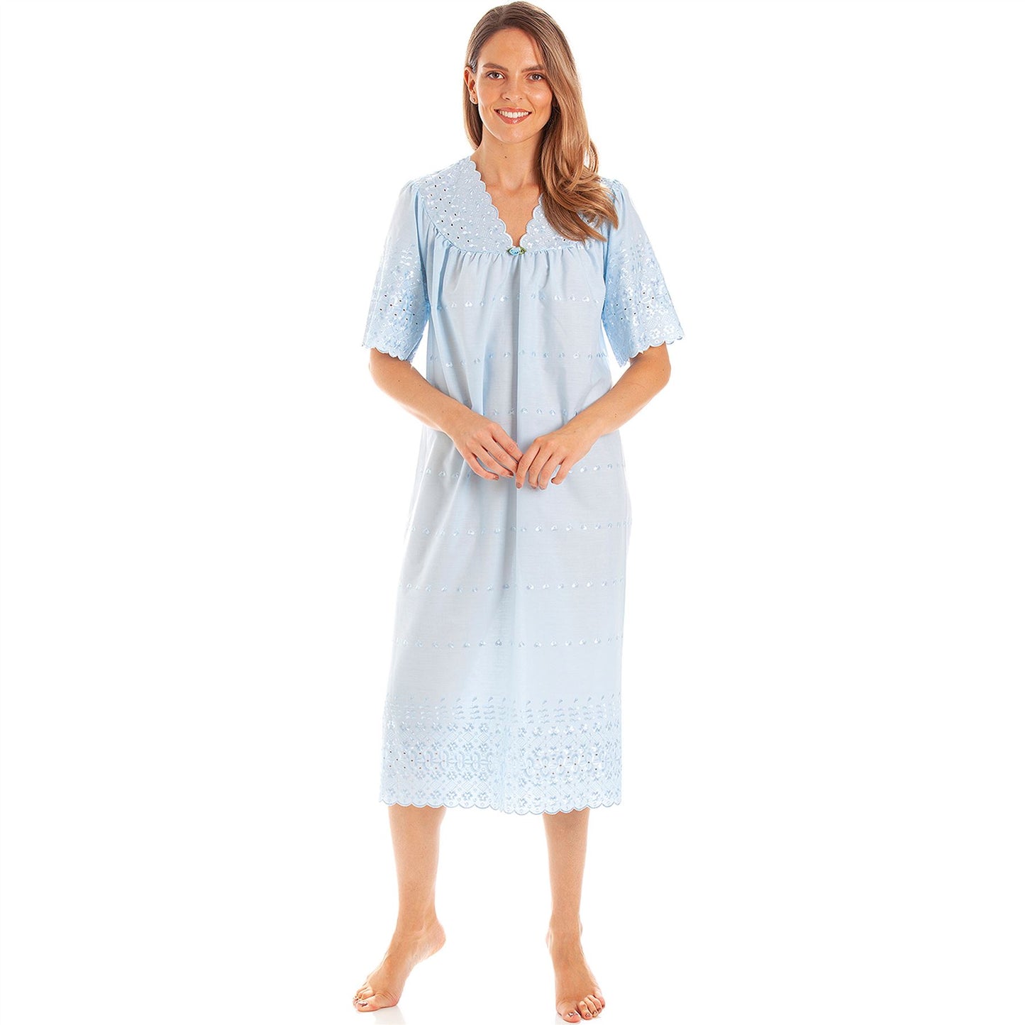 Lady Olga Womens V Neck Embroidery Anglaise Nightdress - Blue Lady Olga