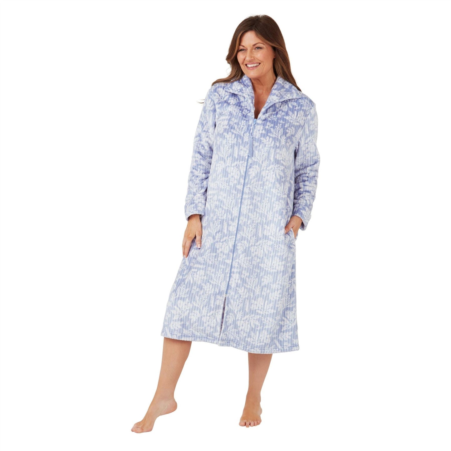 Marlon Womens Floral Ribbed Fleece Zipped Robe - Dusky Blue Marlon