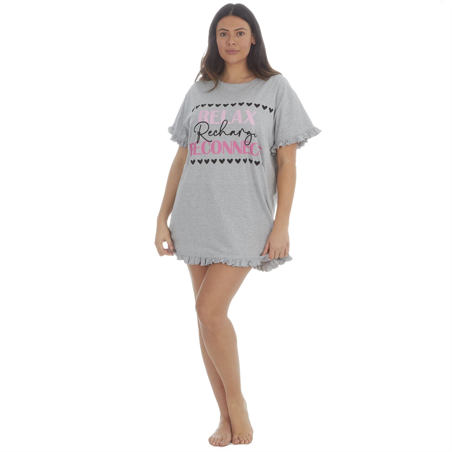 Forever Dreaming Womens 'Relax Recharge Reconnect' Frill Nightdress - Grey Forever Dreaming