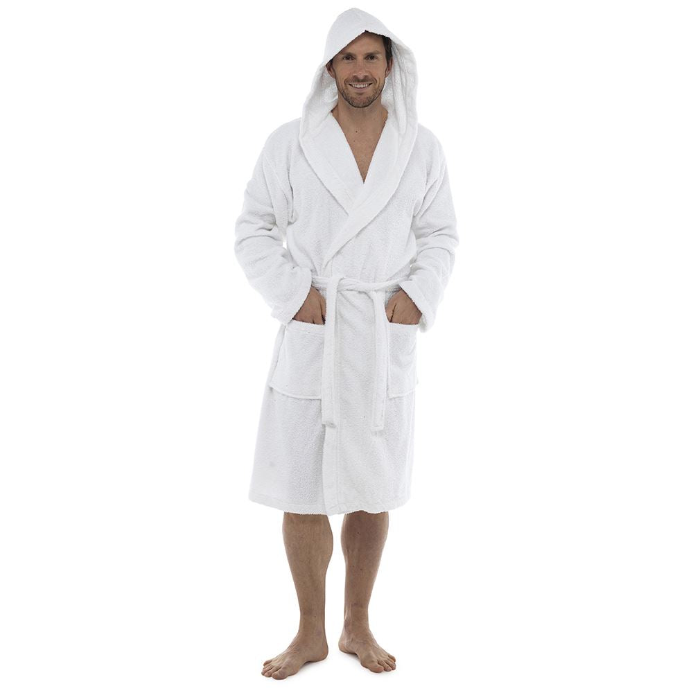Tom Franks Mens Cotton Hooded Towelling Robe - White Tom Franks