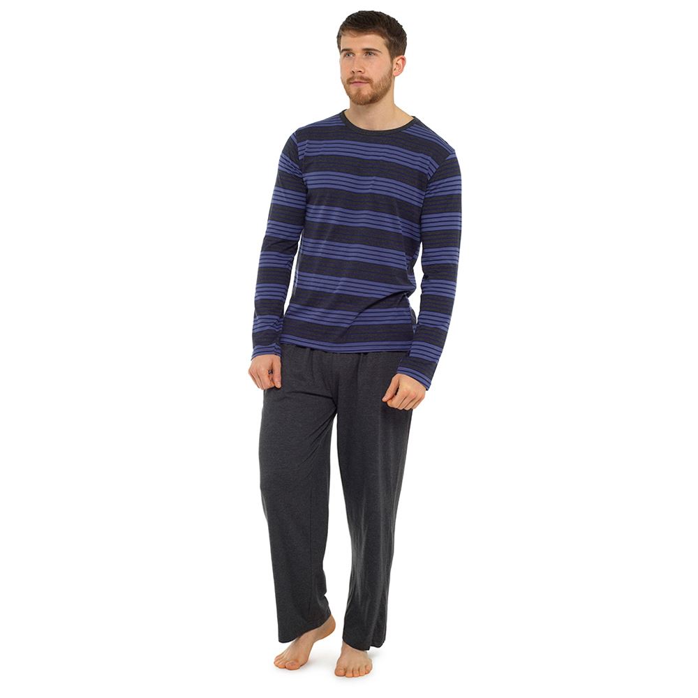 Tom Franks Mens Long Sleeve Striped Pyjama Set - Dark Grey Marl