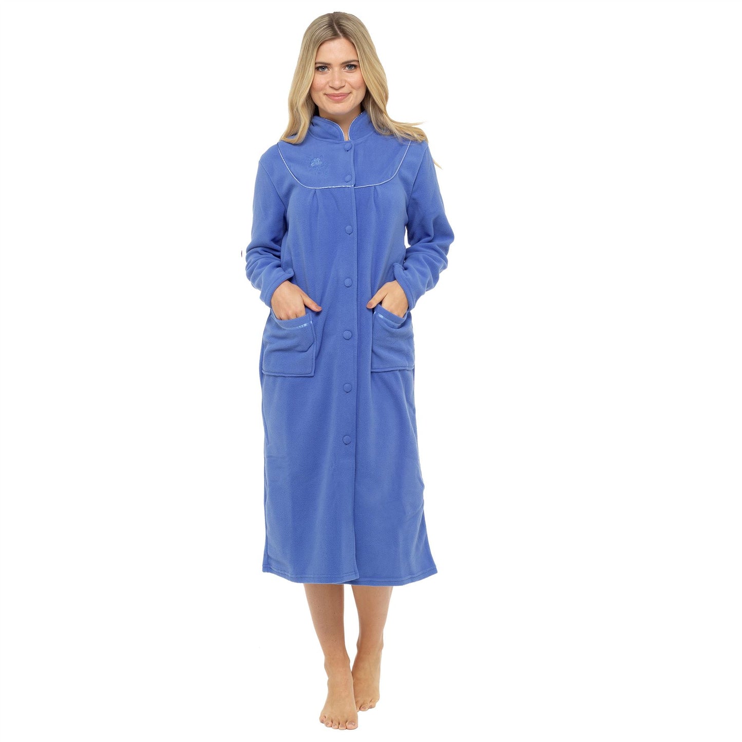 Lady Olga Long Button Through Fleece Robe - Blue Lady Olga