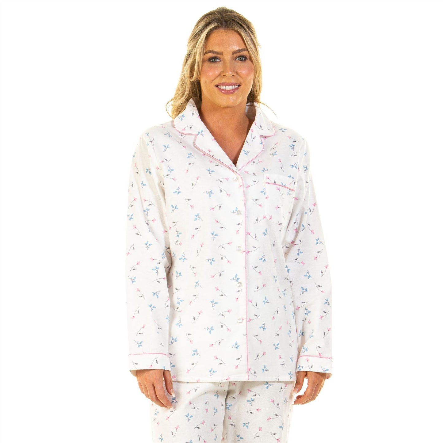 Sue Marks Womens Flower Print Brushed Cotton Pyjamas - Ivory Sue Marks