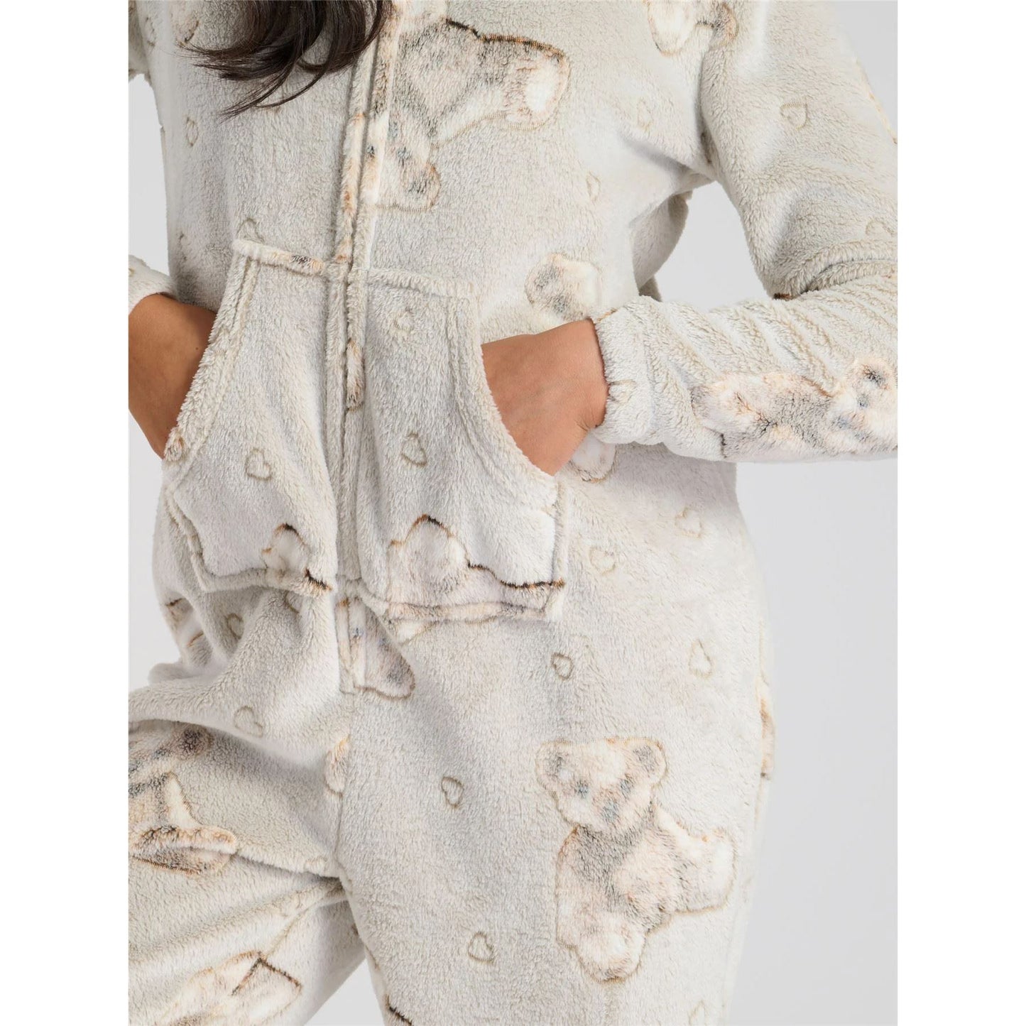 Loungeable Womens Teddy Bear Print Fleece Onesie - Taupe Loungeable