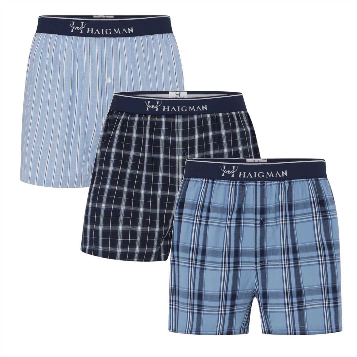 Haigman Mens Cotton Boxer Shorts (3 Pack) - Blue/Navy