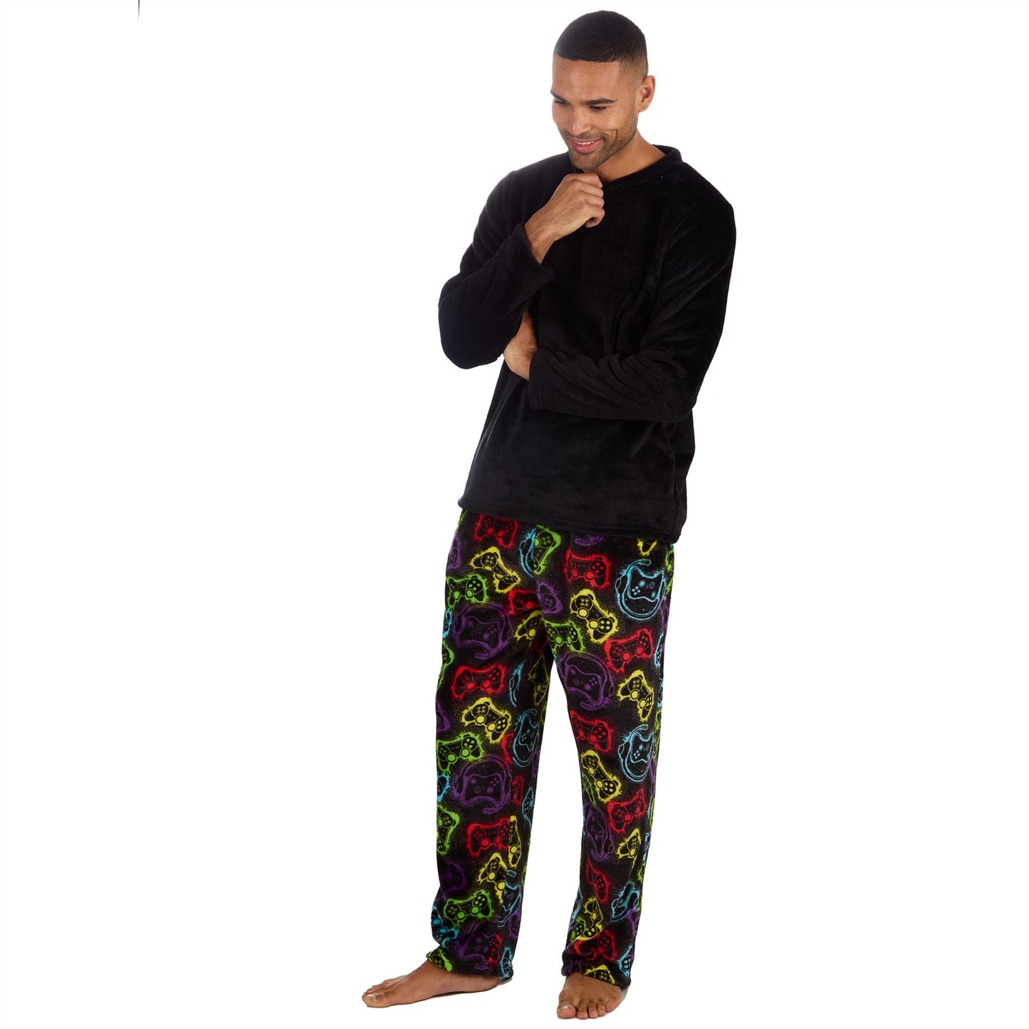 Cargo Bay Mens Fleece Gamer Print Pyjamas - Black/Multi