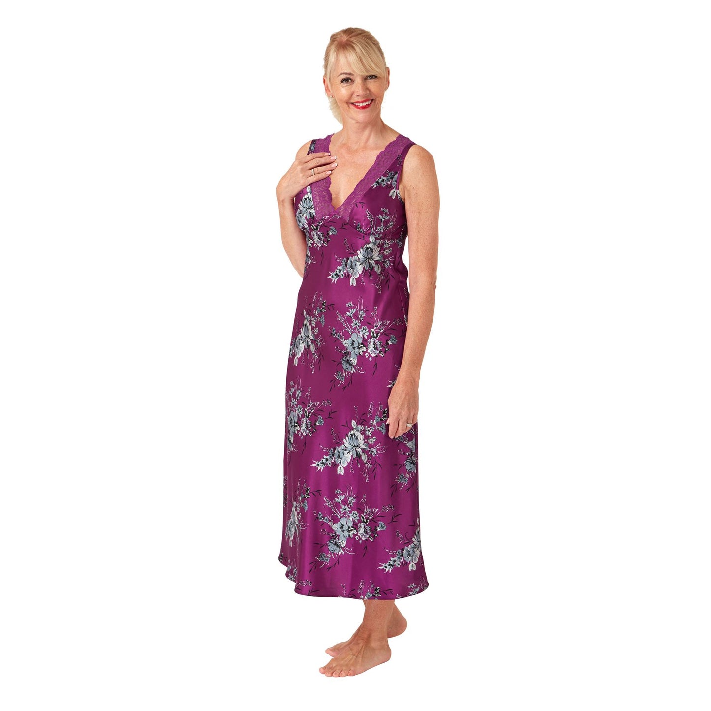 Marlon Womens Long Floral Satin Nightdress - Fuchsia Marlon
