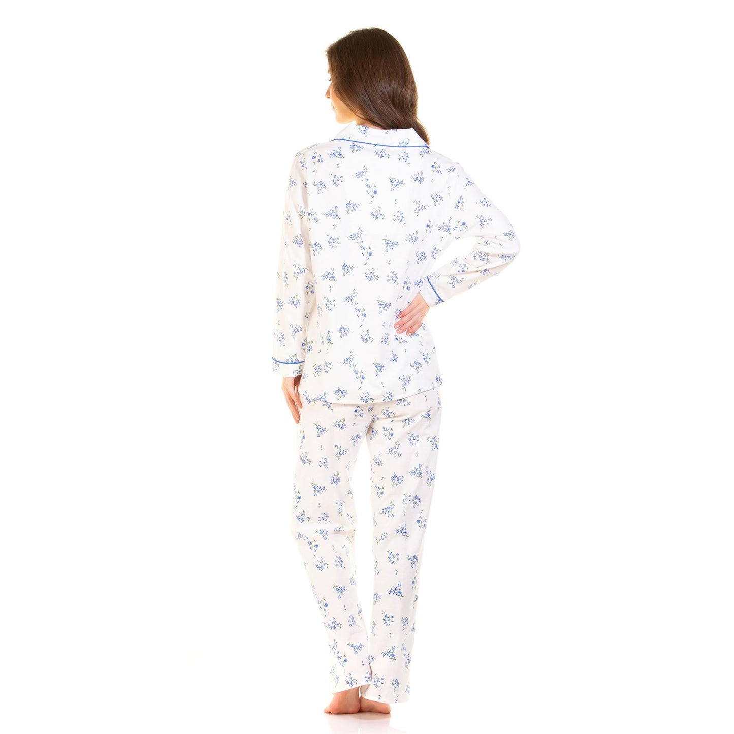 Sue Marks Womens Floral Button Through Brushed Cotton Pyjamas - Blue