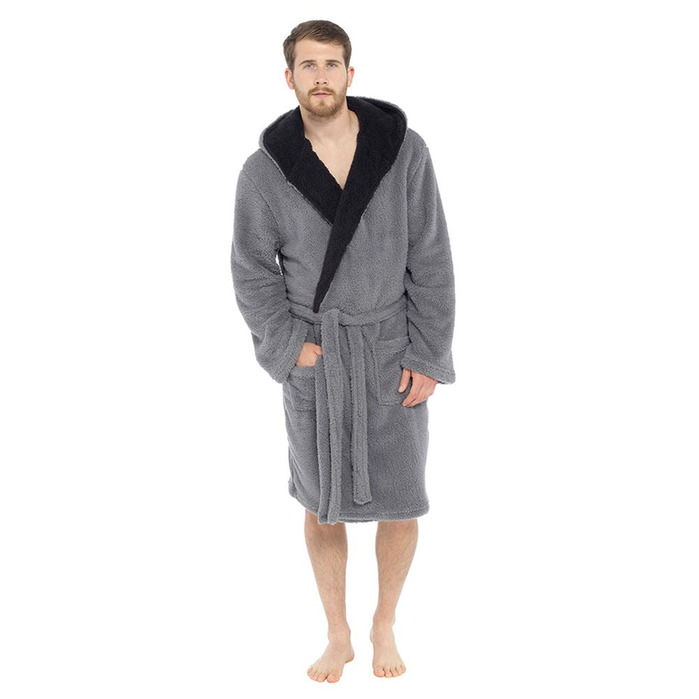 Foxbury Mens Shaggy Fleece Contrast Robe - Grey Foxbury
