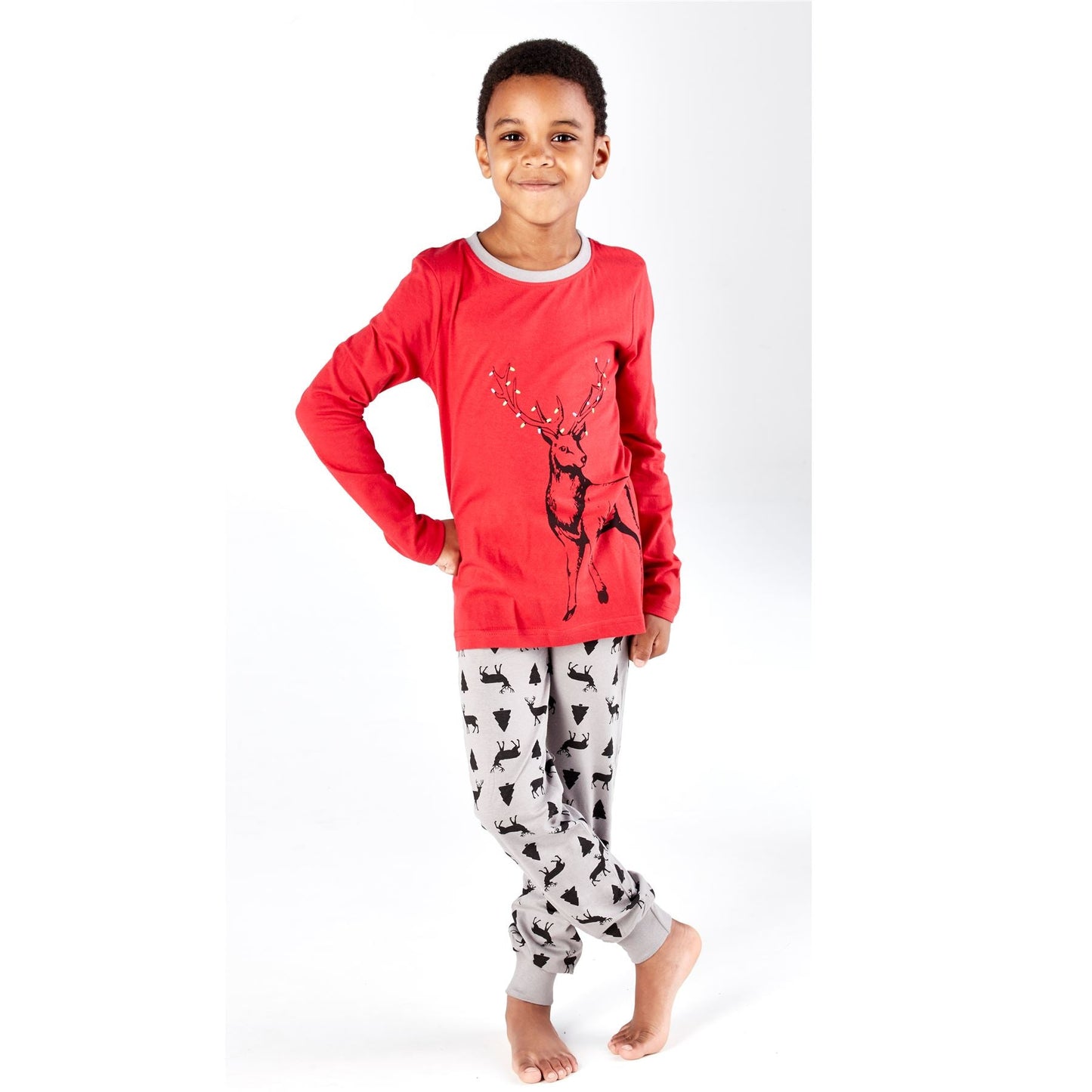Masq Kids Reindeer/Lights Print Pyjama Set - Red/Grey Masq