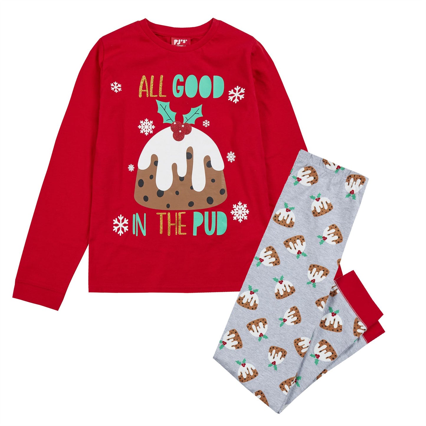 PJ's Kids Christmas 'All Good In The Pud' Pyjamas - Red/Red/Grey PJ's