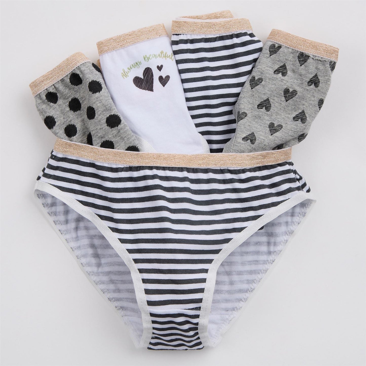 4Kidz Girls Briefs 5 Pack - Hearts/Stripes (7-13 Years) 4Kidz