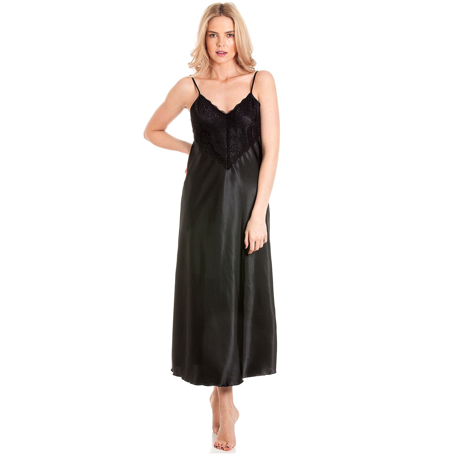Lady Olga Long Satin Strappy Nightdress - Black