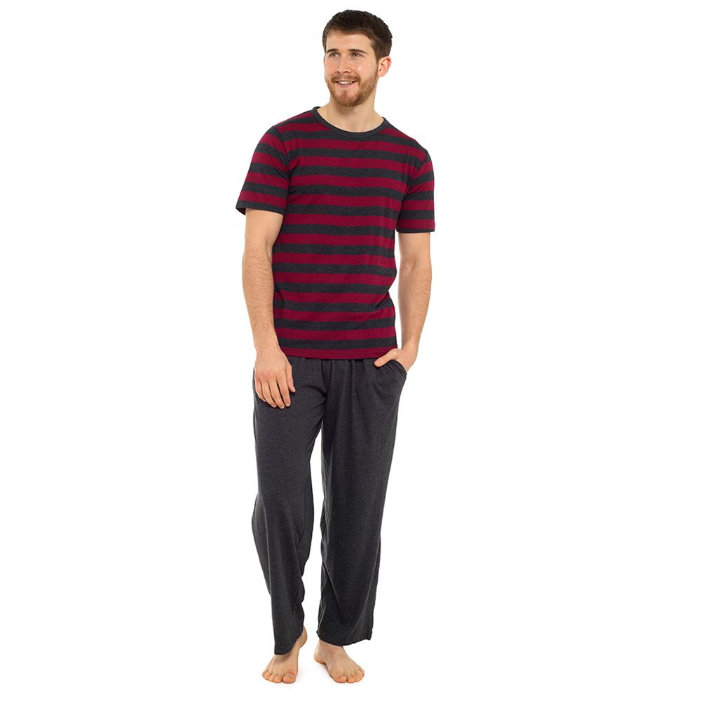 Tom Franks Mens Short Sleeve Striped Pyjama Set - Red/Dark Grey