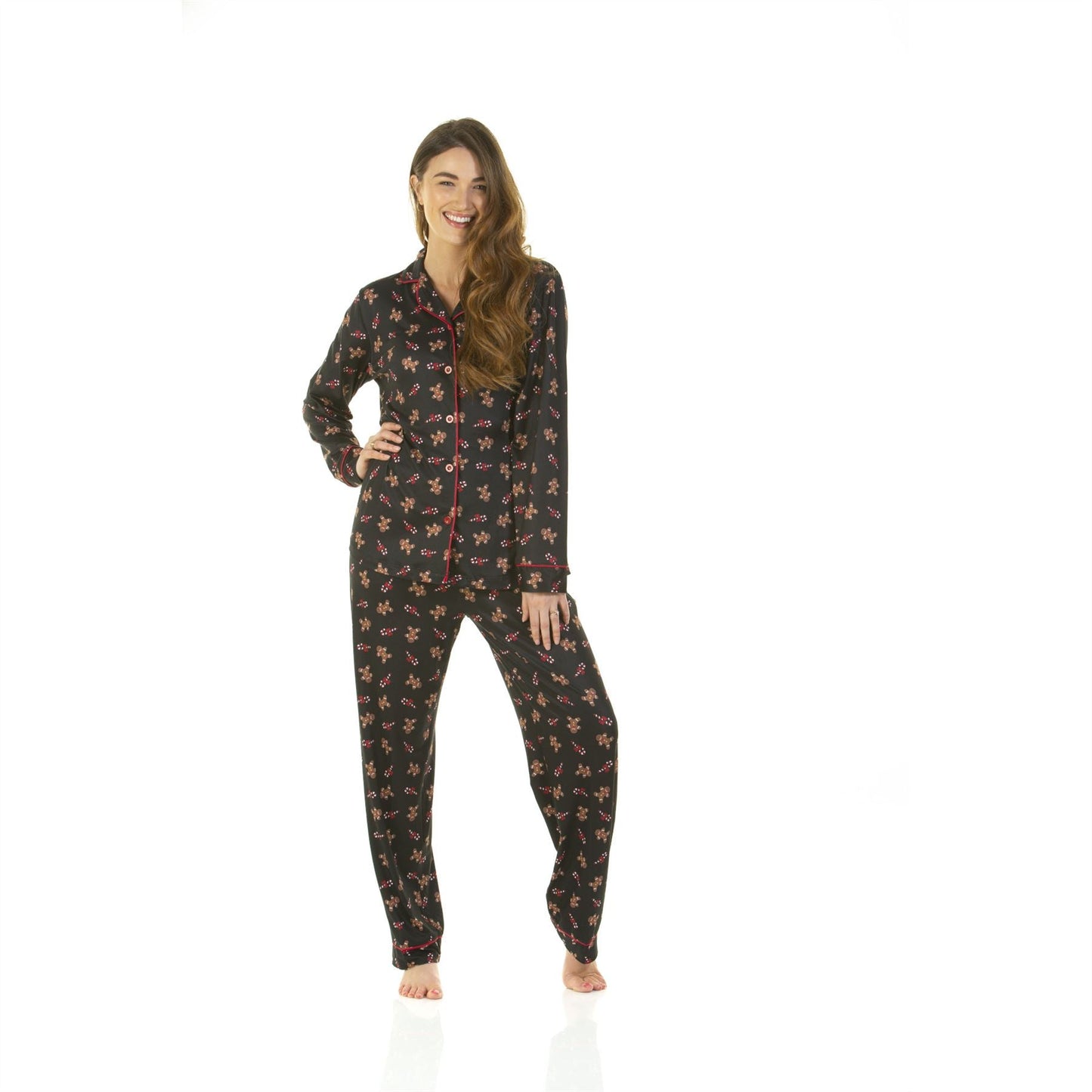 La Marquise Womens Jersey Knit Button Through Gingerbread Pyjamas - Black La Marquise
