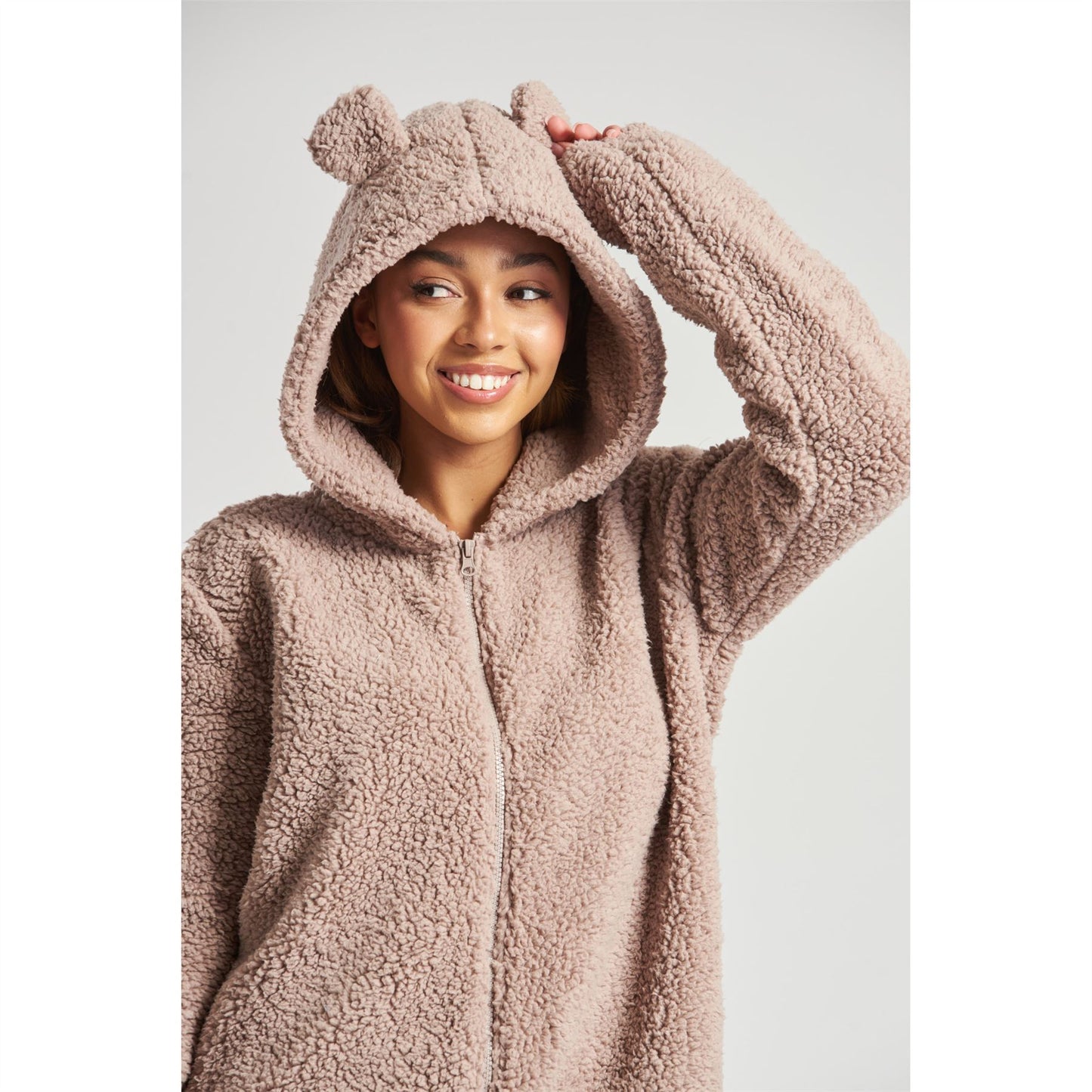 Loungeable Womens Sherpa Fleece Teddy Bear Onesie - Mink Loungeable
