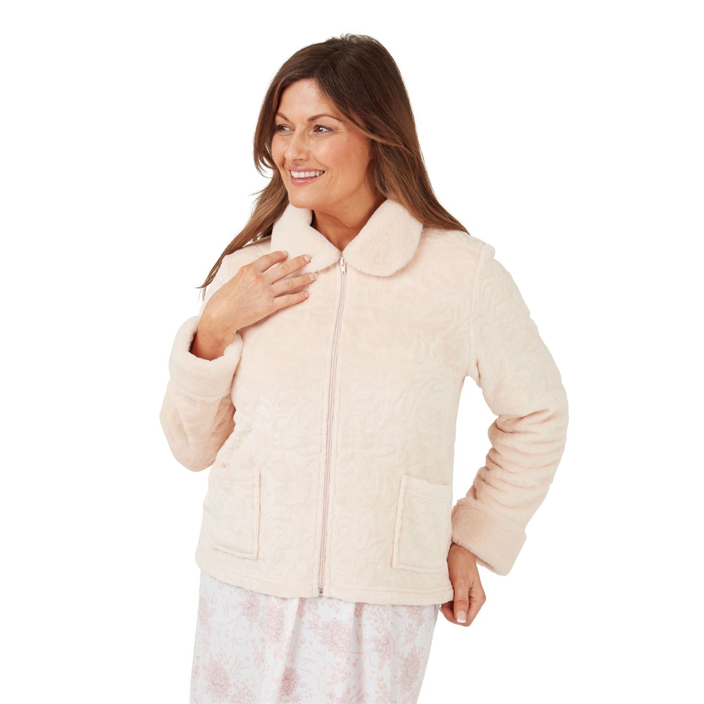 Marlon Womens Swirl Fleece Bedjacket with Faux Fur Collar - Almond Marlon