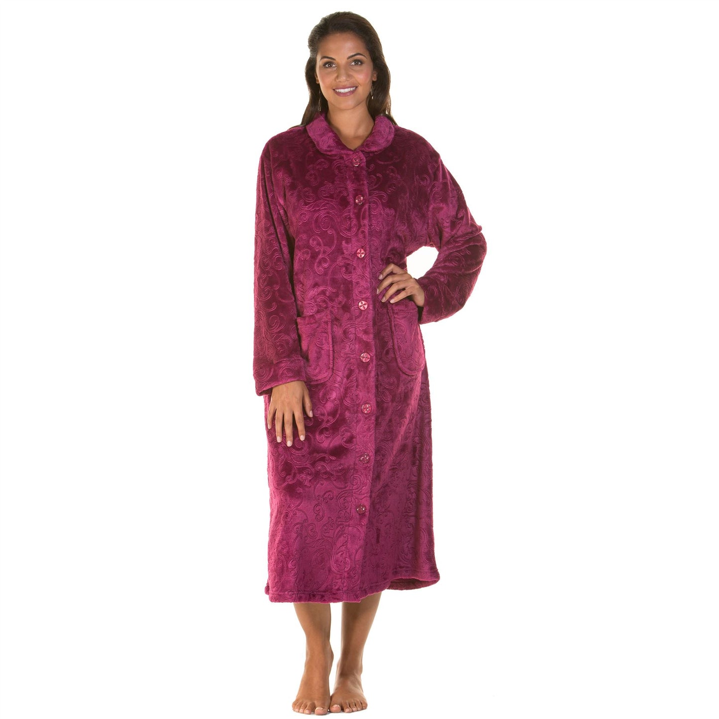 Lady Olga Button Through Embossed Fleece Robe - Rose