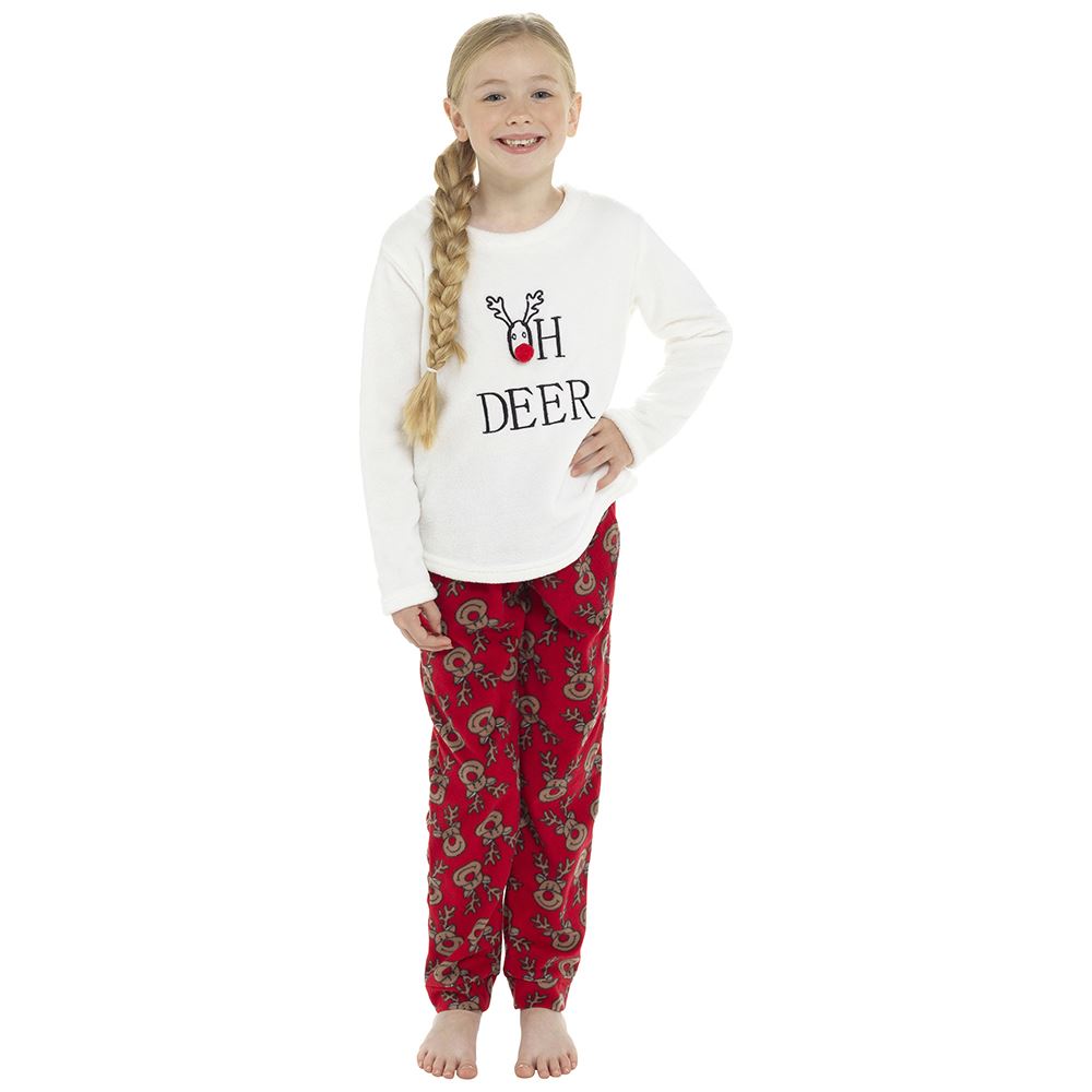 Foxbury Girls 'Oh Deer' Reindeer Fleece Pyjama Set - Cream/Red