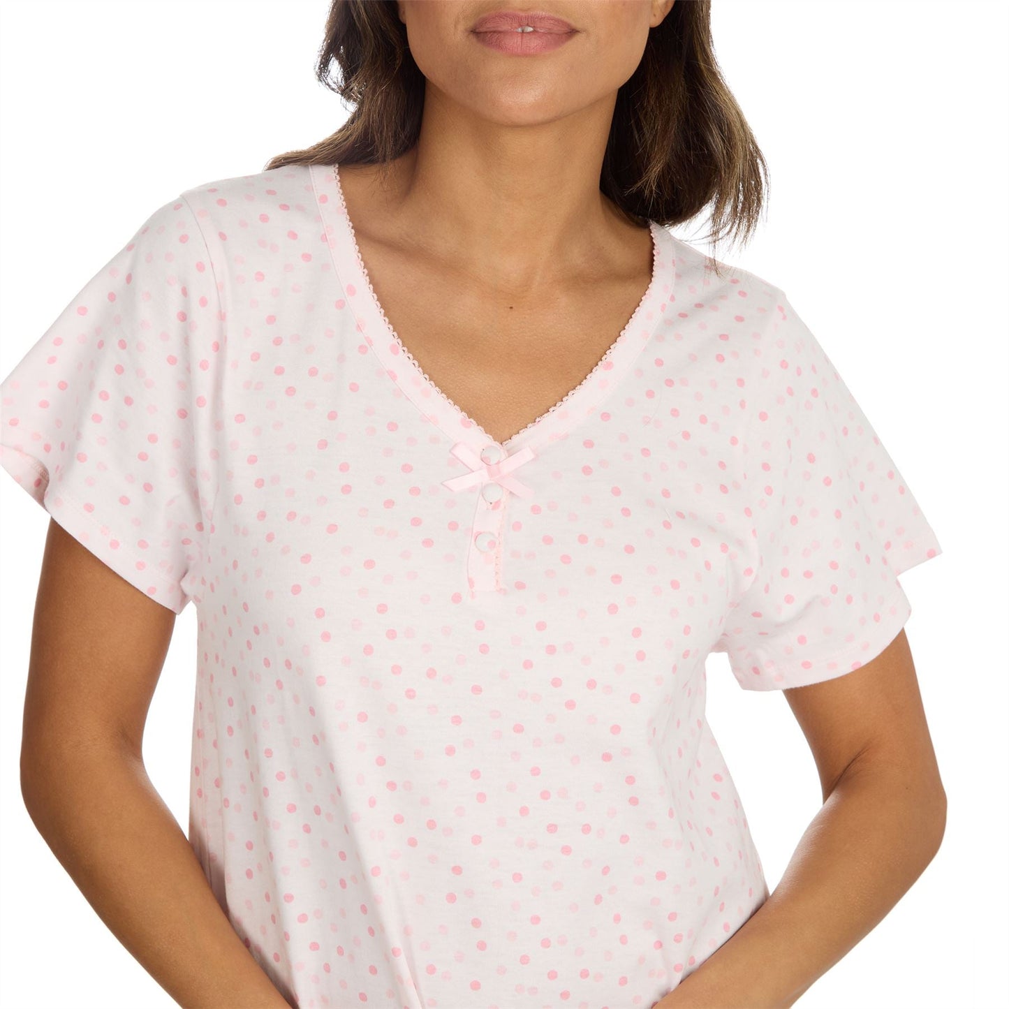 Cottonique Short Sleeve Pastel Spot Longline Nightdress - Pink Cottonique