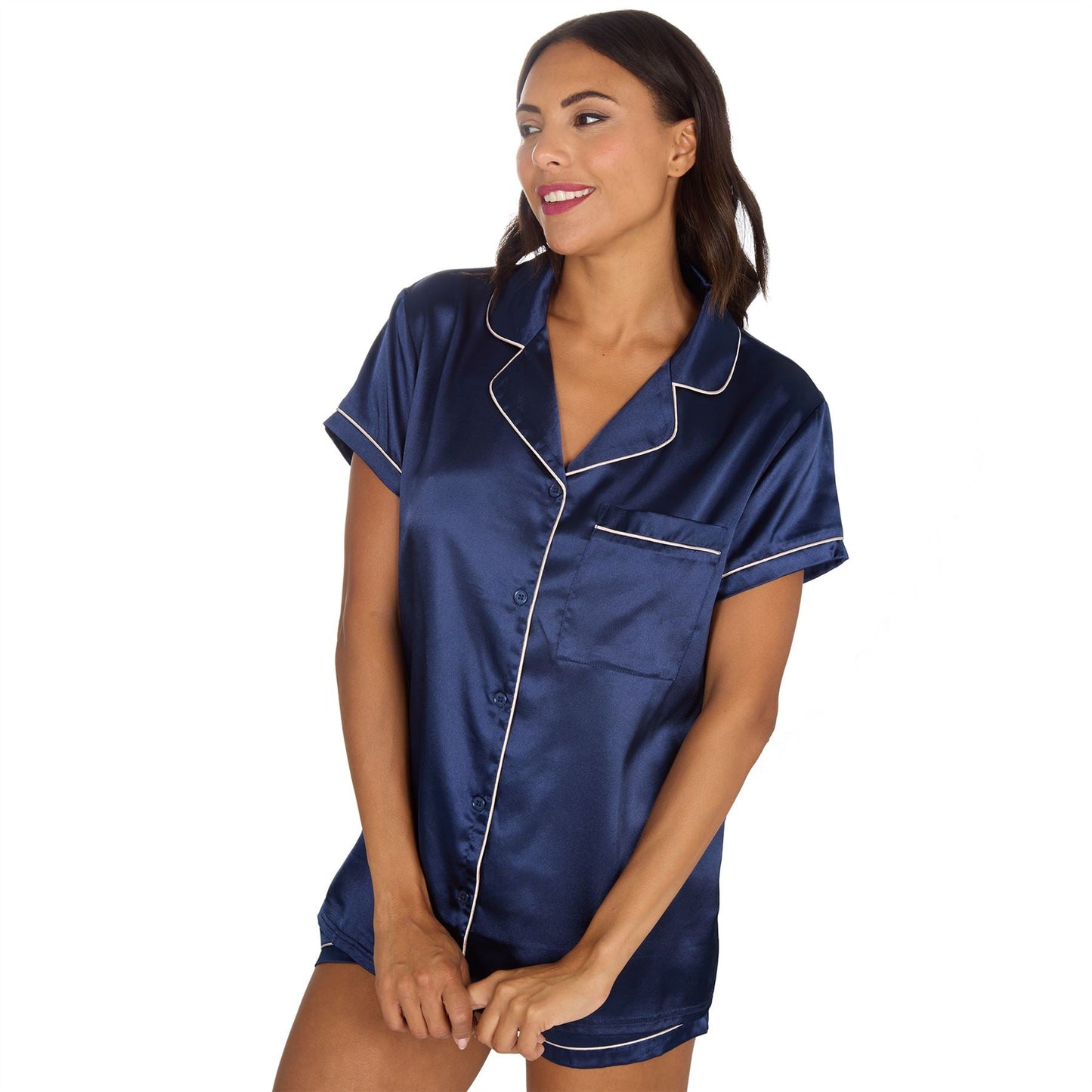 Slumber Party Womens Satin Pyjama Top and Shorts - Navy Slumber Party