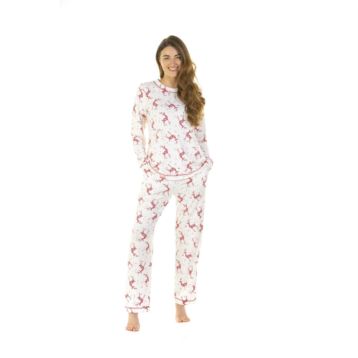 La Marquise Womens Jersey Knit Reindeer Pyjamas - Ivory La Marquise