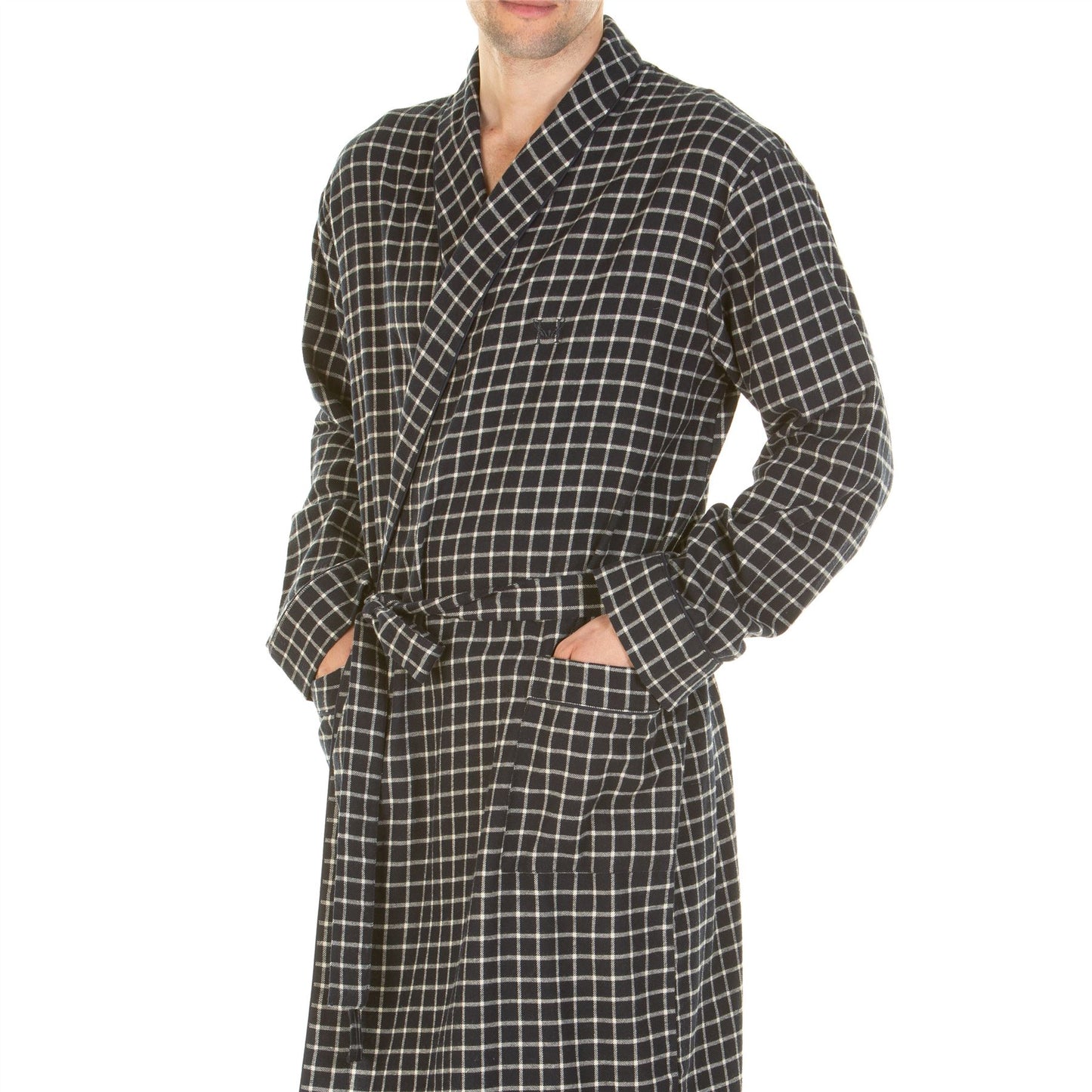 Haigman Mens Brushed Cotton Robe - Navy Check Haigman