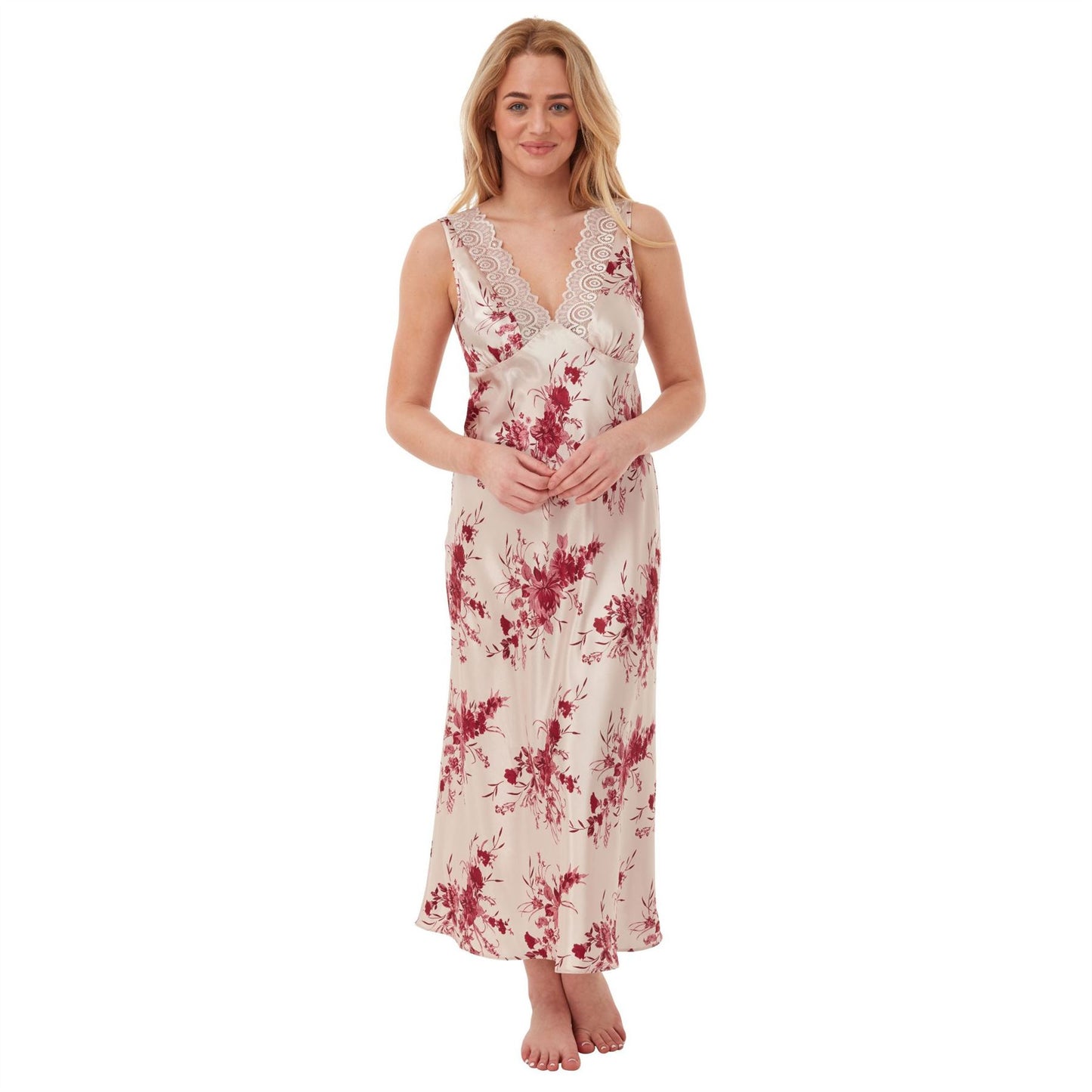 Indigo Sky Womens Long Floral Satin Nightdress - Ruby