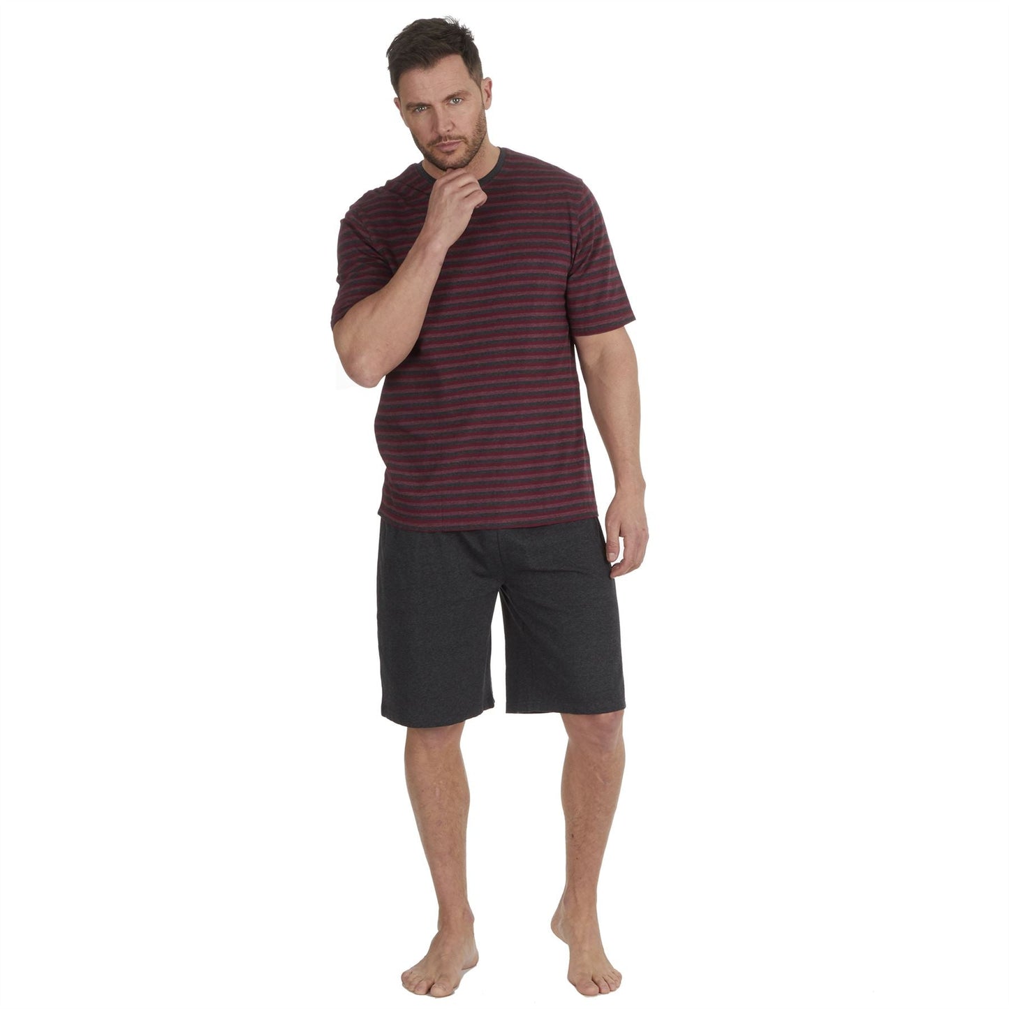 Momentii Mens Yarn Dyed Stripe T Shirt and Shorts - Red Momentii