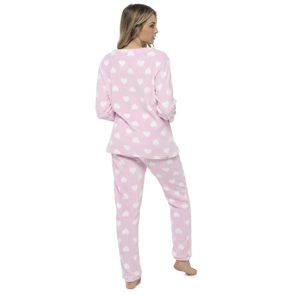 Foxbury Womens 'Snuggle Up' Heart Print Fleece Pyjamas - Pink Foxbury