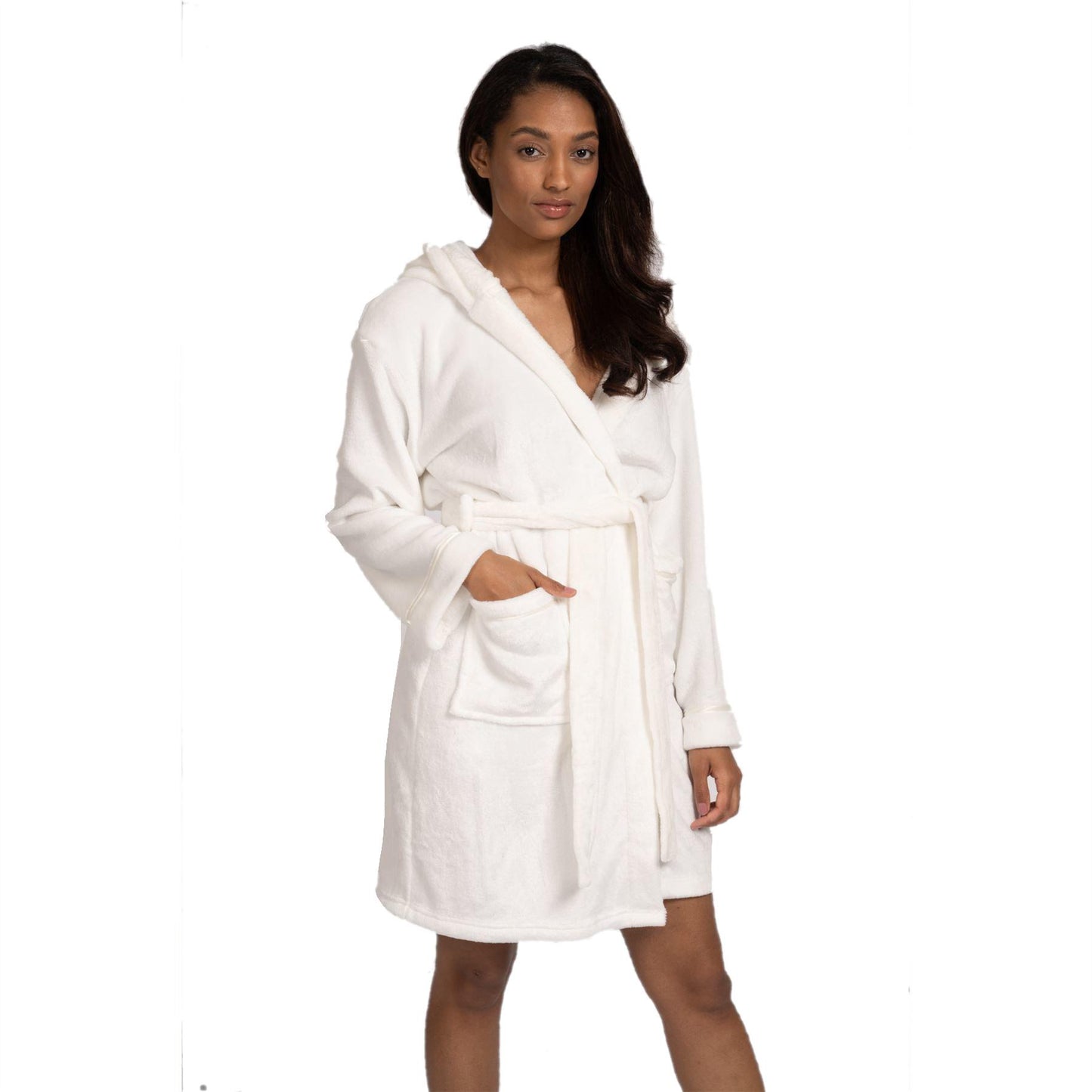 Loungeable Womens Satin Trim Fleece Hooded Robe - Ivory Loungeable