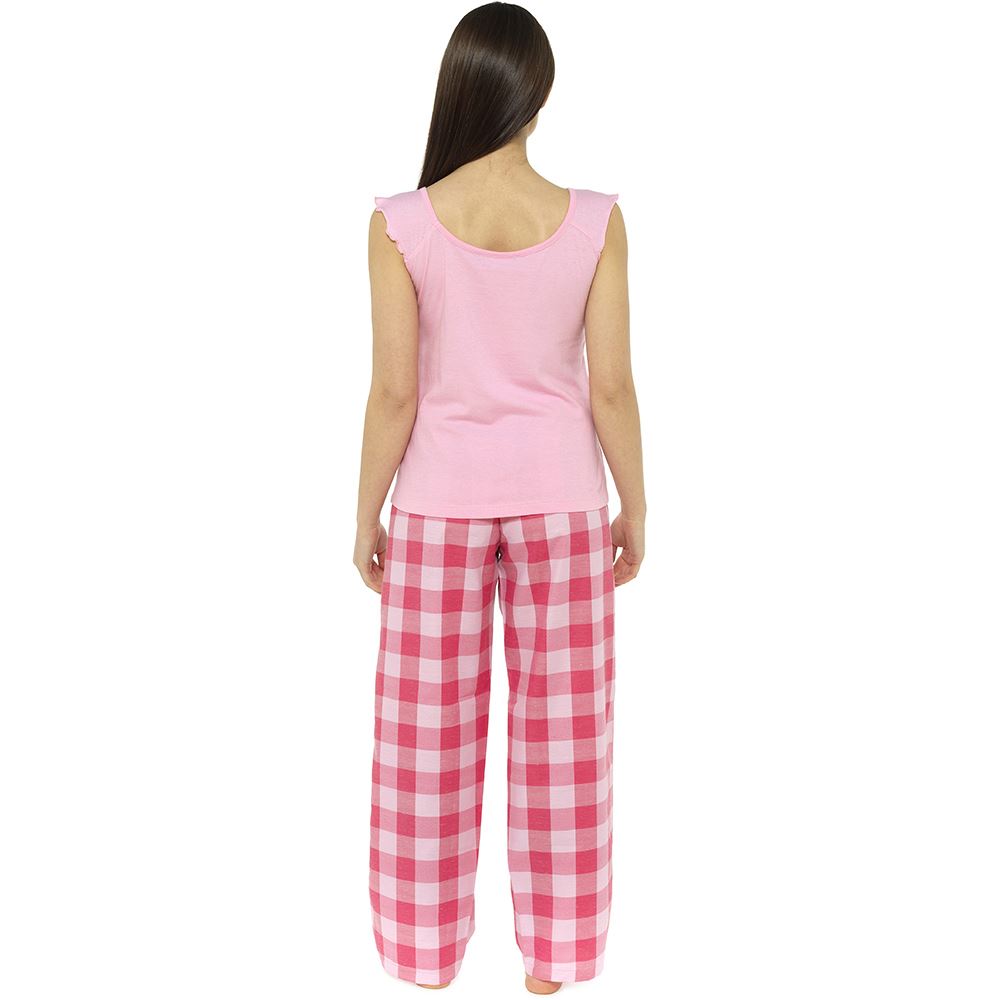 Foxbury Womens Jersey Ruffle Top and Check Bottom Pyjama Set - Pink Foxbury