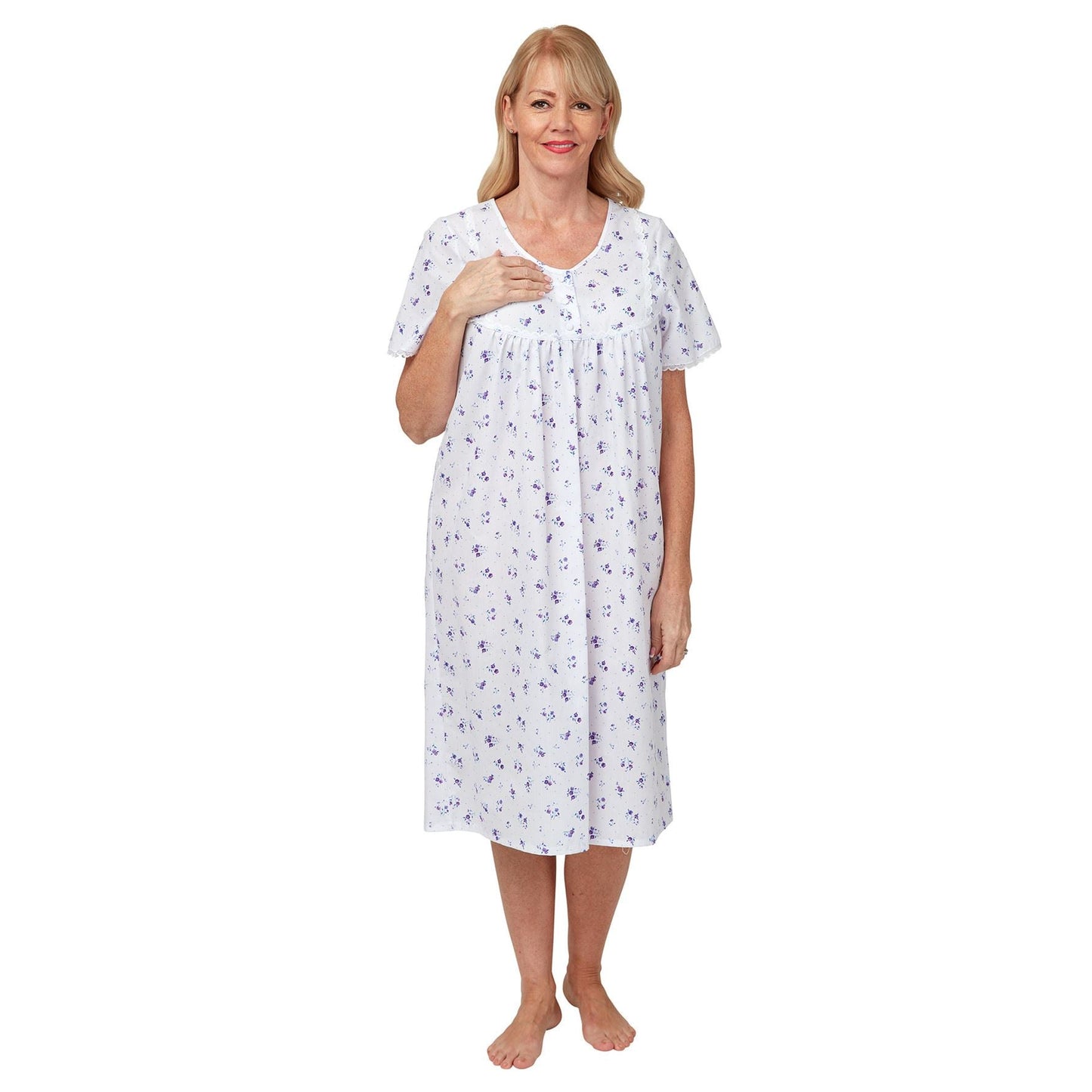 Marlon Womens Poly Cotton Short Sleeve Floral Nightdress - Blue Marlon