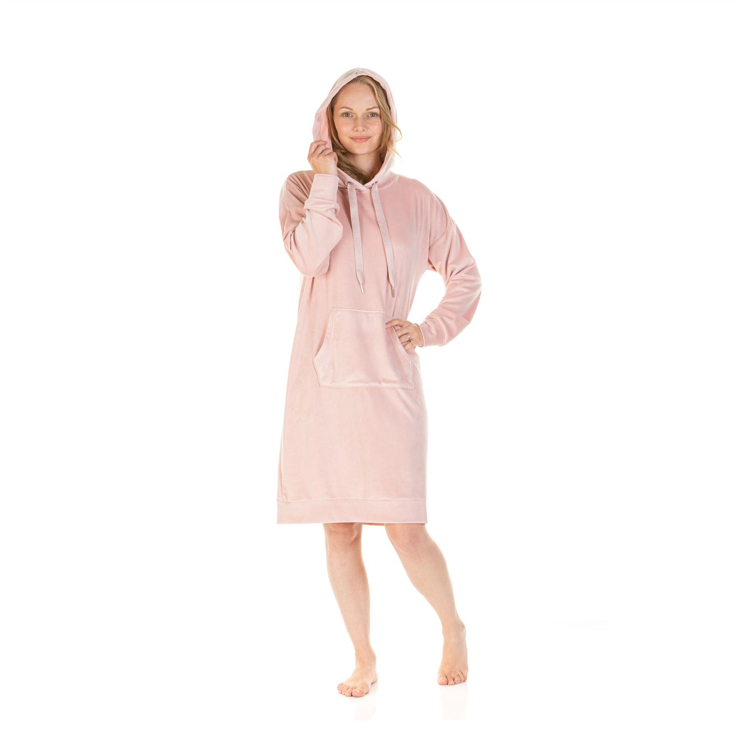 La Marquise Womens Velour Lounge Long Sleeve Hooded Nightdress - Pink