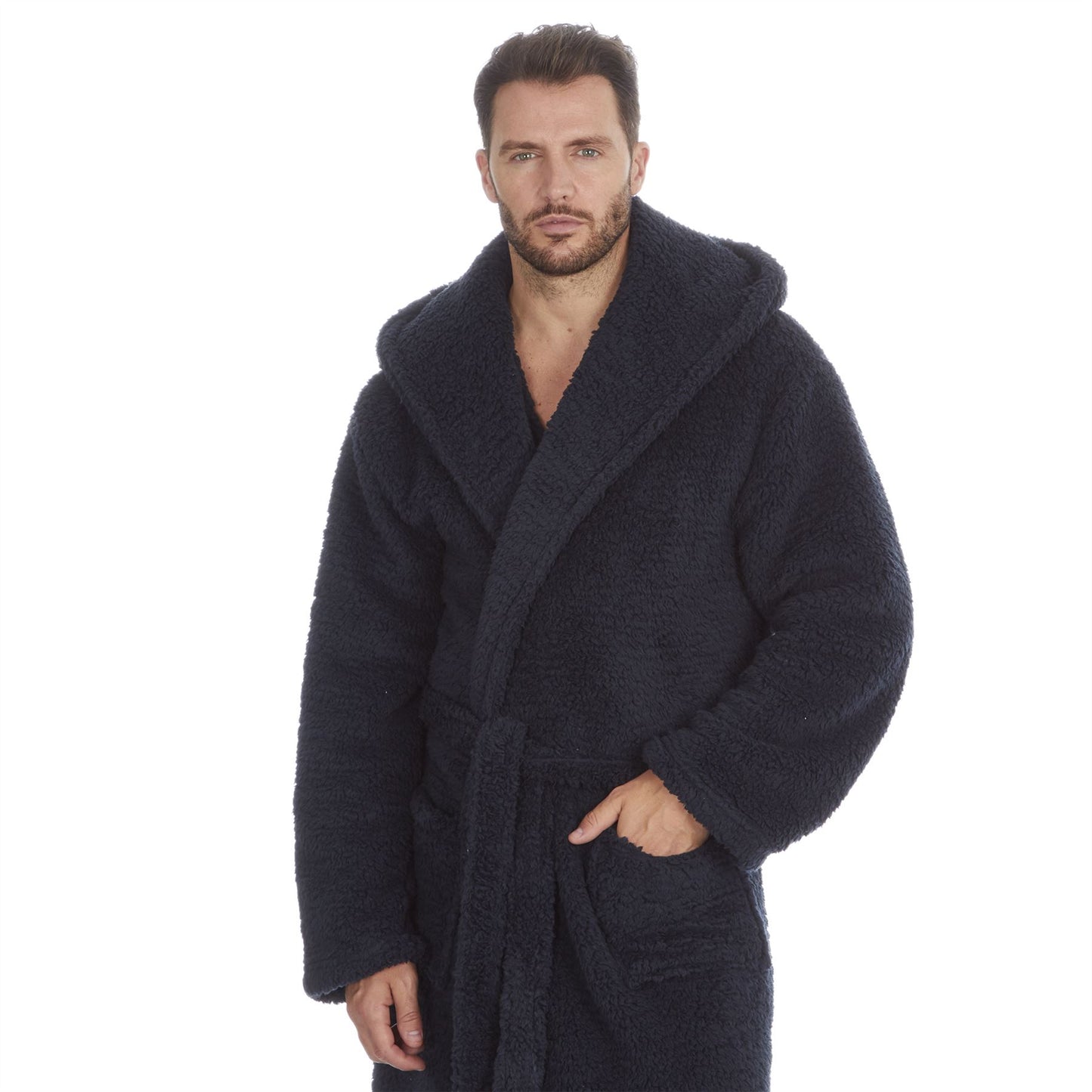 Cargo Bay Mens Borg Fleece Hooded Robe - Navy
